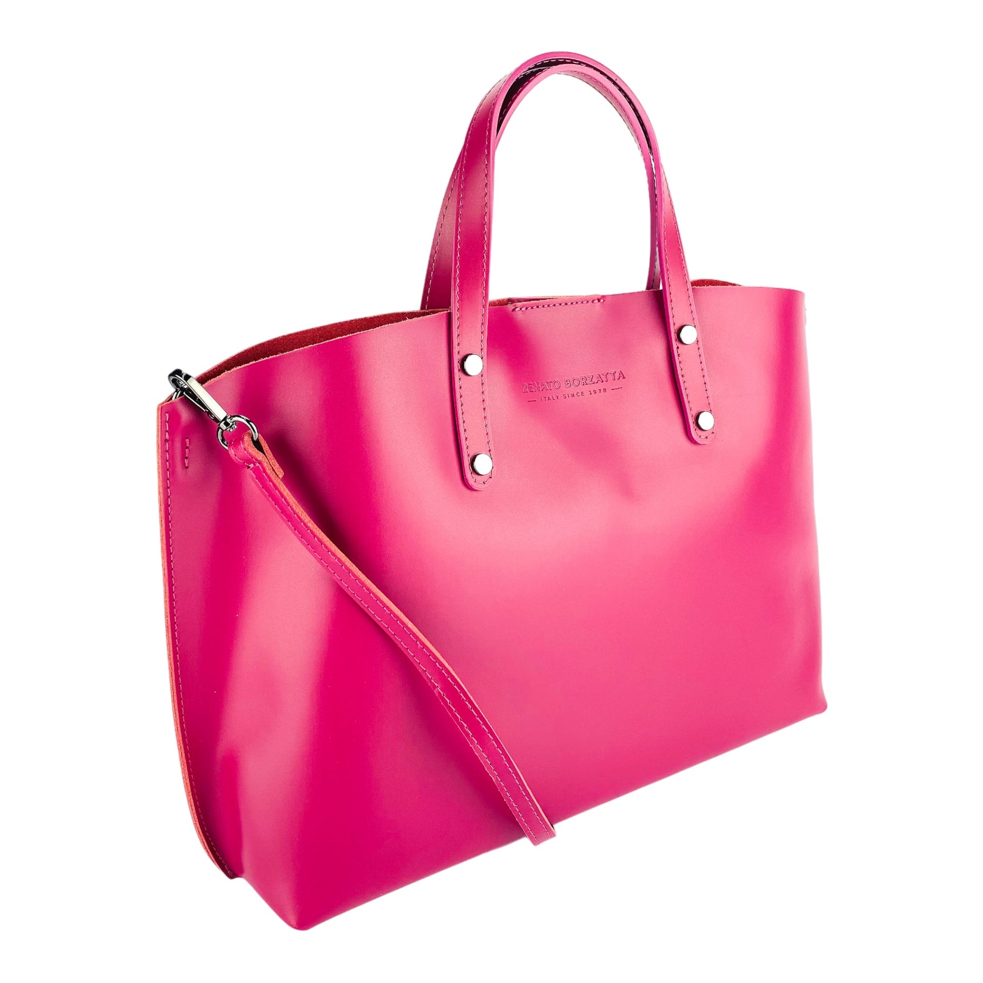 RB1024BE | Borsa Donna a Mano in Vera Pelle Made in Italy con tracolla removibile. Sacca grande interna estraibile. Accessori Canna di Fucile Lucido - Colore Fuxia - Dimensioni: cm 48x31x11-0