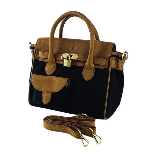 K0042ACB | Canvas/Vera Leather Mini Hand Bag Made in Italy. Removable shoulder strap. Antique Brass metal snap hook attachments - Black color - Dimensions: 24 x 20 x 12 cm.-0