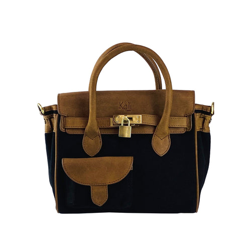 K0042ACB | Canvas/Vera Leather Mini Hand Bag Made in Italy. Removable shoulder strap. Antique Brass metal snap hook attachments - Black color - Dimensions: 24 x 20 x 12 cm.-1