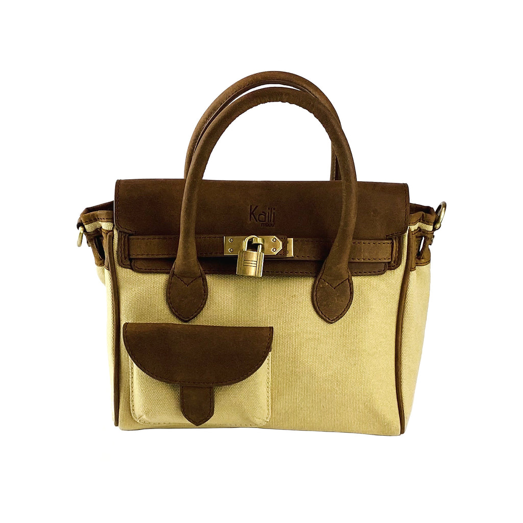 K0042ALCB | Borsa a Mano Mini in Canvas/Vera Pelle Made in Italy. Tracolla removibile. Attacchi con moschettoni in metallo Ottone Anticato - Colore Corda - Dimensioni: cm 24 x 20 x 12-1