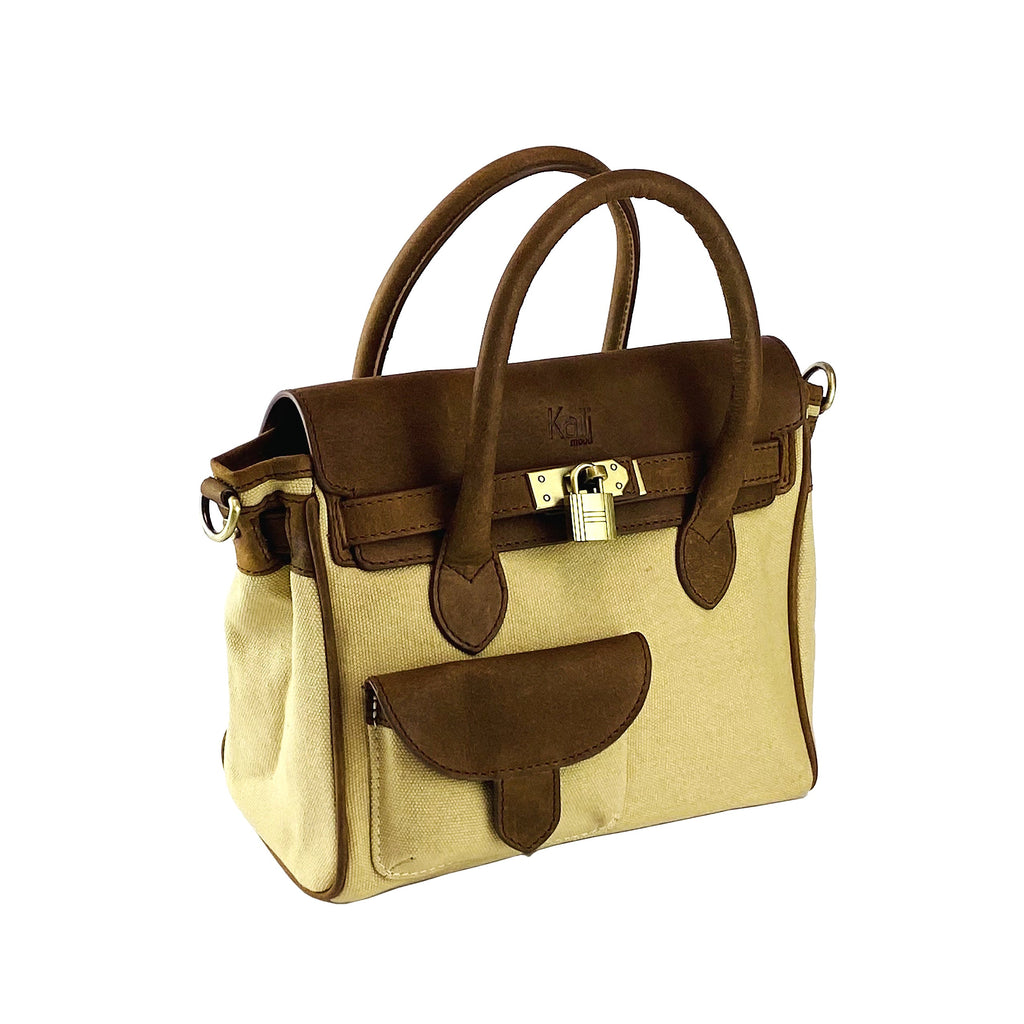 K0042ALCB | Borsa a Mano Mini in Canvas/Vera Pelle Made in Italy. Tracolla removibile. Attacchi con moschettoni in metallo Ottone Anticato - Colore Corda - Dimensioni: cm 24 x 20 x 12-2