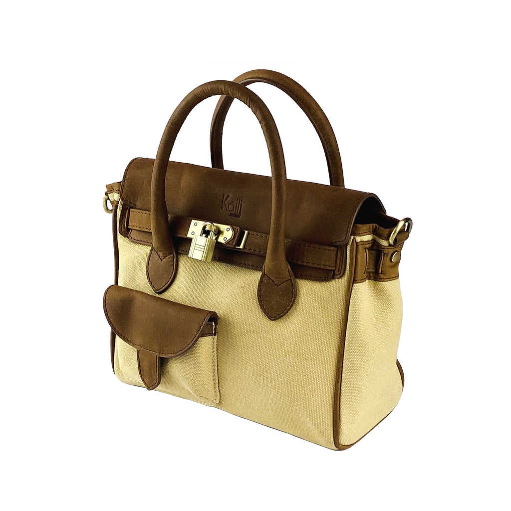 K0042ALCB | Borsa a Mano Mini in Canvas/Vera Pelle Made in Italy. Tracolla removibile. Attacchi con moschettoni in metallo Ottone Anticato - Colore Corda - Dimensioni: cm 24 x 20 x 12-3