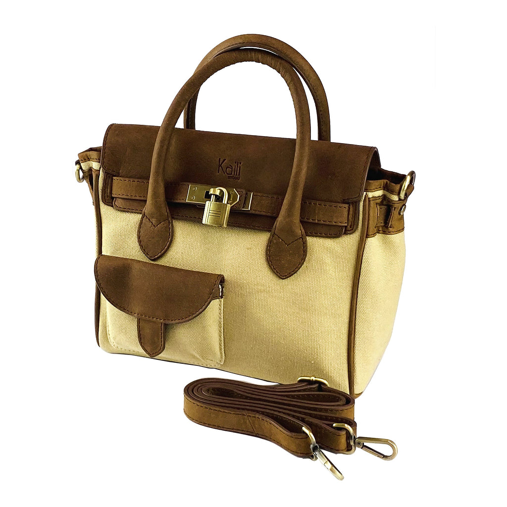K0042ALCB | Borsa a Mano Mini in Canvas/Vera Pelle Made in Italy. Tracolla removibile. Attacchi con moschettoni in metallo Ottone Anticato - Colore Corda - Dimensioni: cm 24 x 20 x 12-0
