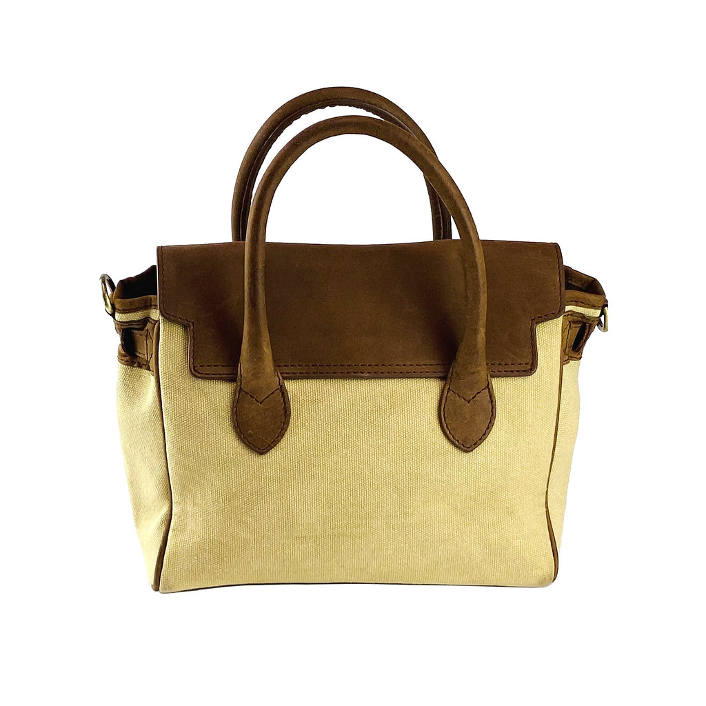 K0042ALCB | Borsa a Mano Mini in Canvas/Vera Pelle Made in Italy. Tracolla removibile. Attacchi con moschettoni in metallo Ottone Anticato - Colore Corda - Dimensioni: cm 24 x 20 x 12-4