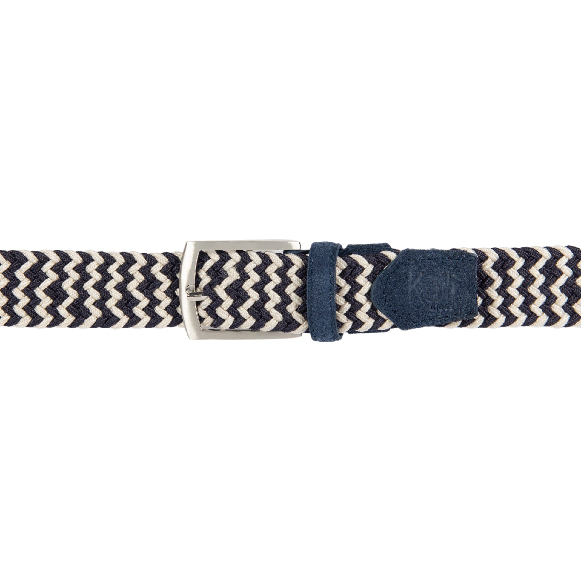 K4004JB | Cintura Intrecciata in Elastico/Pelle. Colore Blu/Ecrù. Fibbia Nickel Satinato. Dimensioni: cm 120x3,5x0,5 (giro vita cm 105). Confezione: Gift Box rigido fondo/coperchio-2
