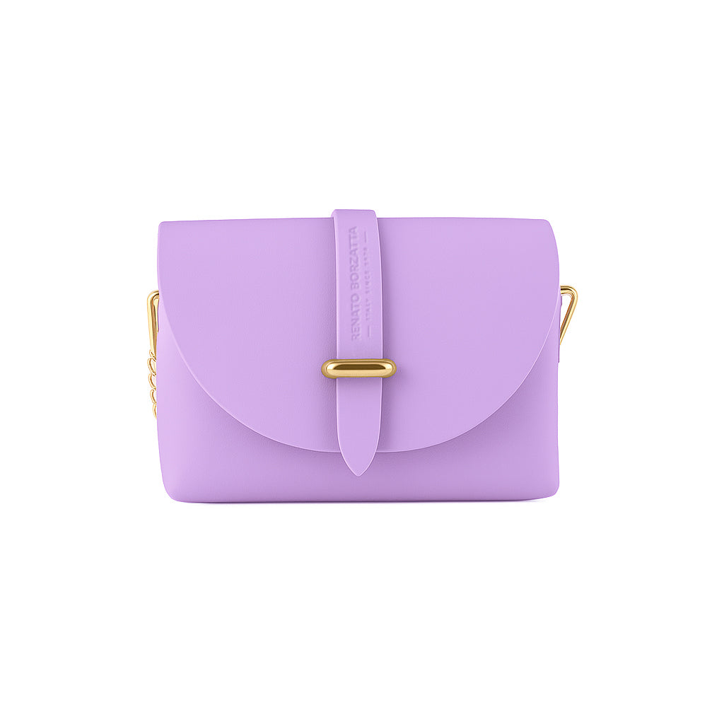 RB1001CI | Borsa Piccola in Vera Pelle Made in Italy con Tracollina removibile e passante di chiusura in metallo Oro Lucido - Colore Lilla - Dimensioni: cm 16,5 x 11 x 8-3