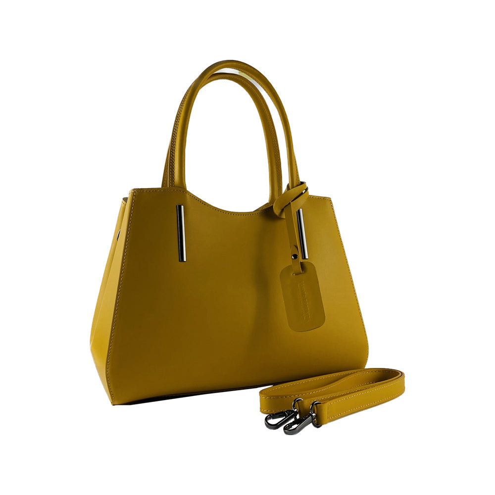 RB1004R | Borsa a Mano in Vera Pelle Made in Italy con Tracollina removibile e attacchi con moschettoni in metallo Canna di Fucile - Colore Senape - Dimensioni: cm 33 x 25 x 15 + Manici 13 cm-2