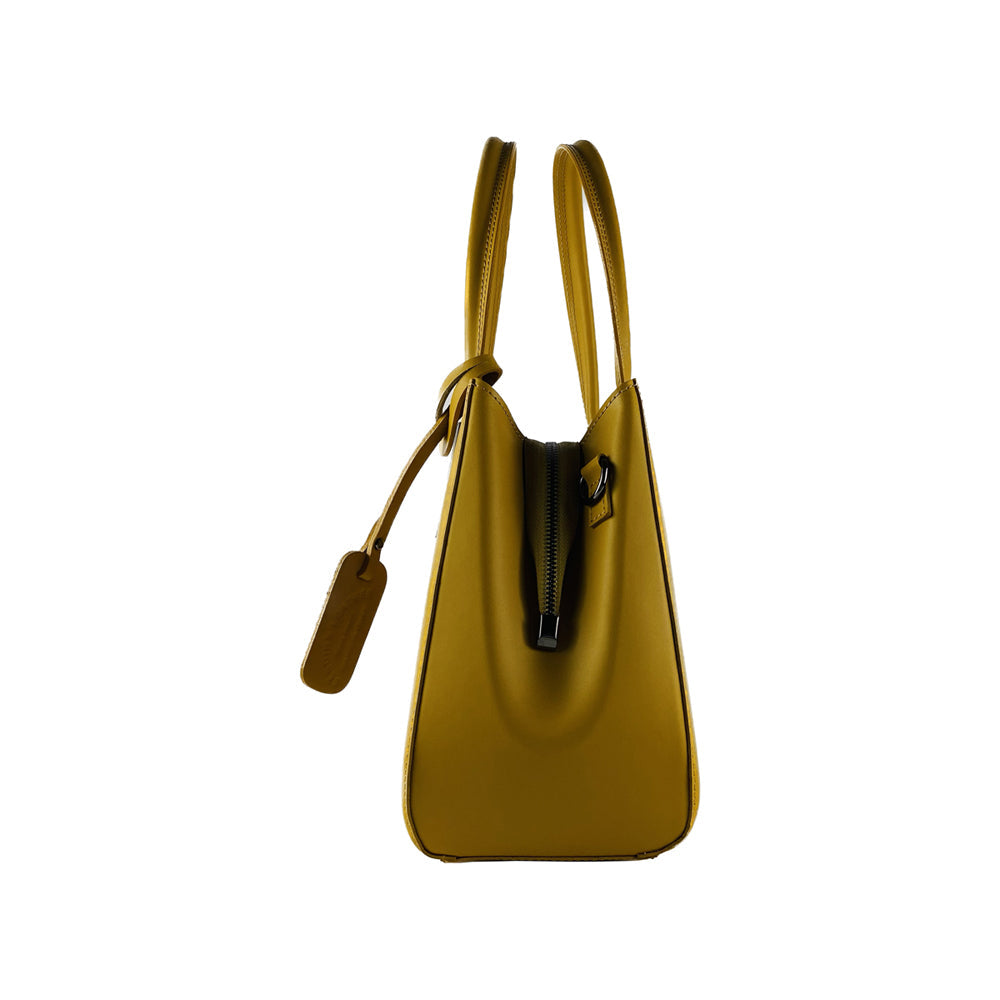 RB1004R | Borsa a Mano in Vera Pelle Made in Italy con Tracollina removibile e attacchi con moschettoni in metallo Canna di Fucile - Colore Senape - Dimensioni: cm 33 x 25 x 15 + Manici 13 cm-3