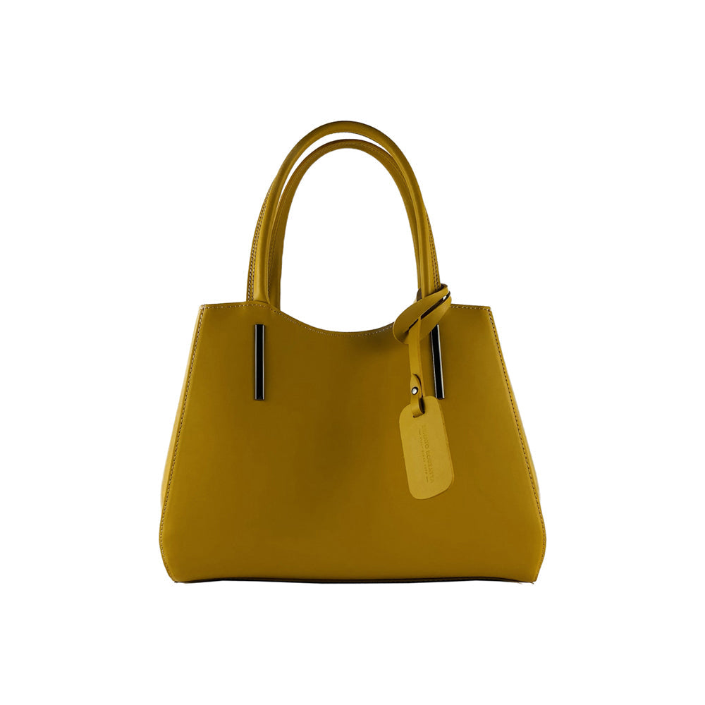 RB1004R | Borsa a Mano in Vera Pelle Made in Italy con Tracollina removibile e attacchi con moschettoni in metallo Canna di Fucile - Colore Senape - Dimensioni: cm 33 x 25 x 15 + Manici 13 cm-0