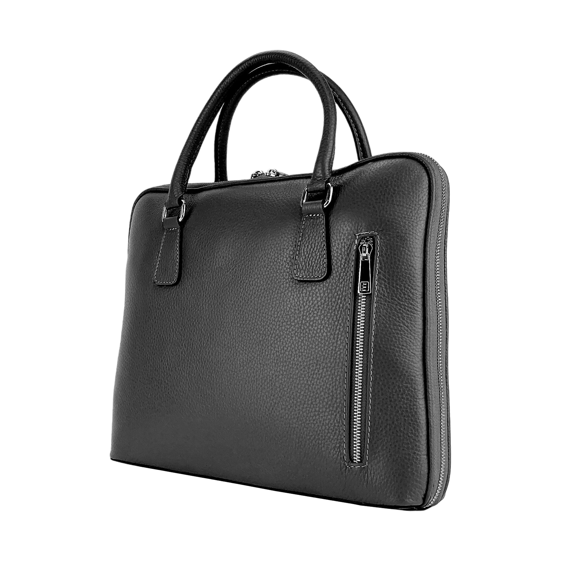 RB1019A | Cartella Business Unisex in Vera Pelle Made in Italy con tracolla removibile. Attacchi con moschettoni in metallo Nickel Lucido - Colore Nero - Dimensioni: cm 37 x 29 x 6,5-0