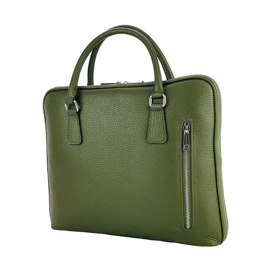 RB1019E | Cartella Business Unisex in Vera Pelle Made in Italy con tracolla removibile. Attacchi con moschettoni in metallo Nickel Lucido - Colore Verde - Dimensioni: cm 37 x 29 x 6,5-0