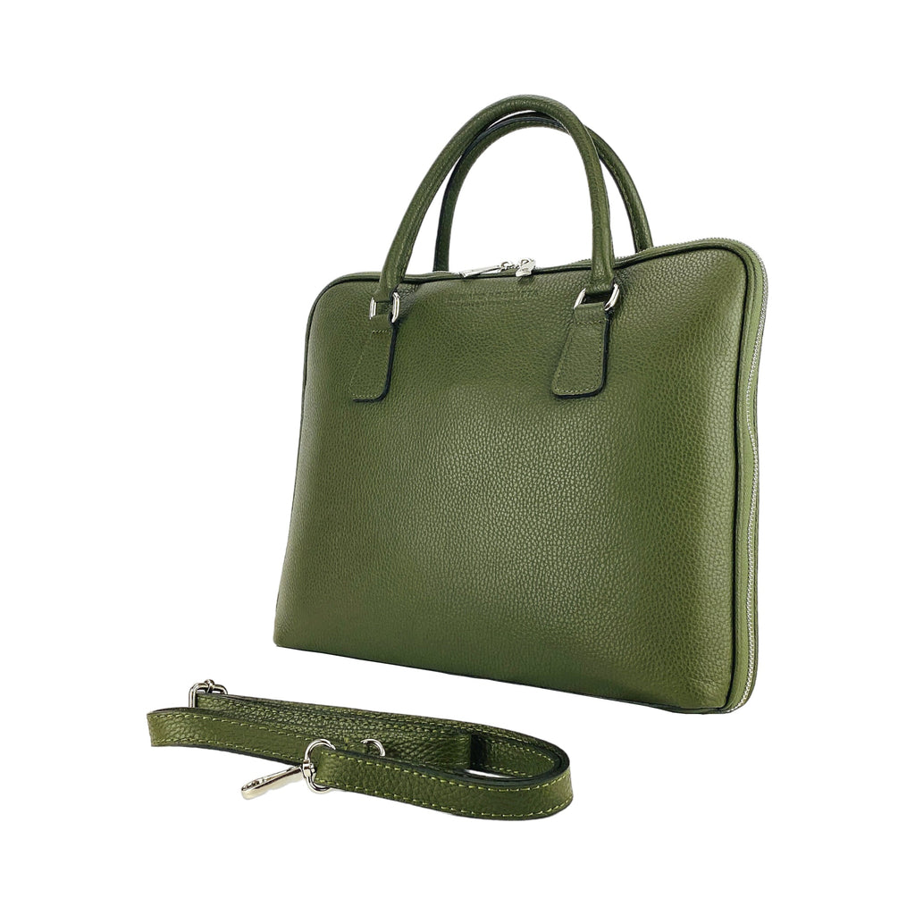 RB1019E | Cartella Business Unisex in Vera Pelle Made in Italy con tracolla removibile. Attacchi con moschettoni in metallo Nickel Lucido - Colore Verde - Dimensioni: cm 37 x 29 x 6,5-4