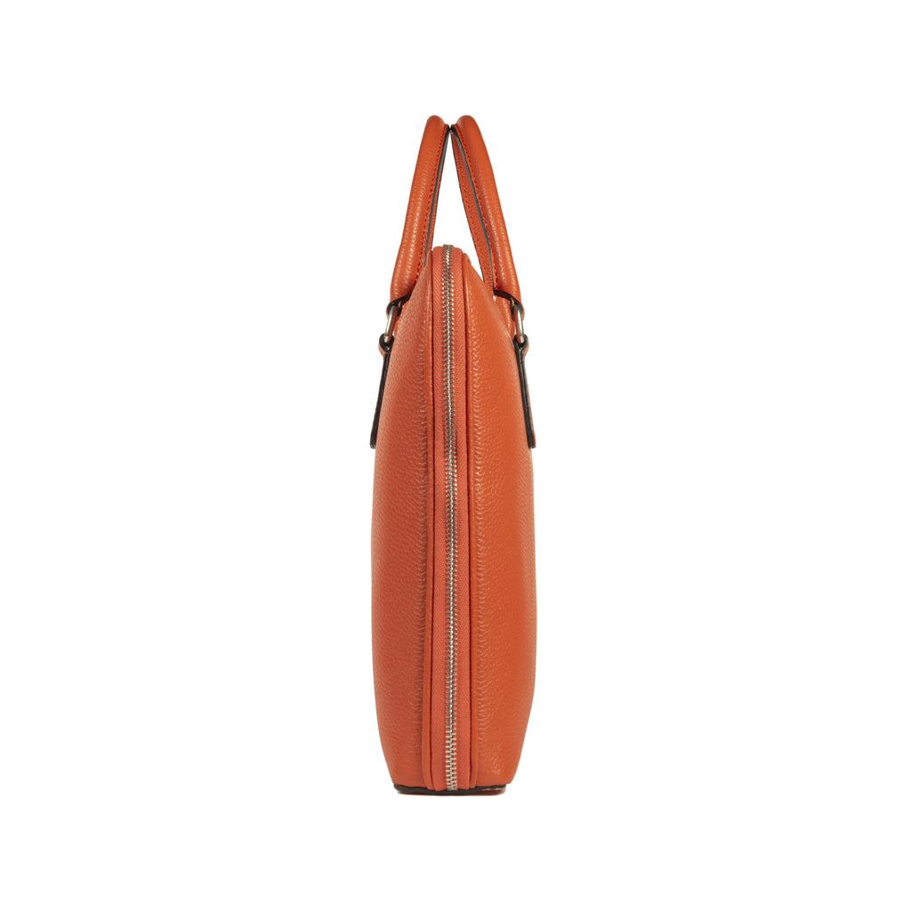 RB1019L | Made in Italy Genuine Leather Unisex Business Briefcase with removable shoulder strap. Polished Nickel metal snap hook attachments - Orange color - Dimensions: 37 x 29 x 6.5 cm.-3