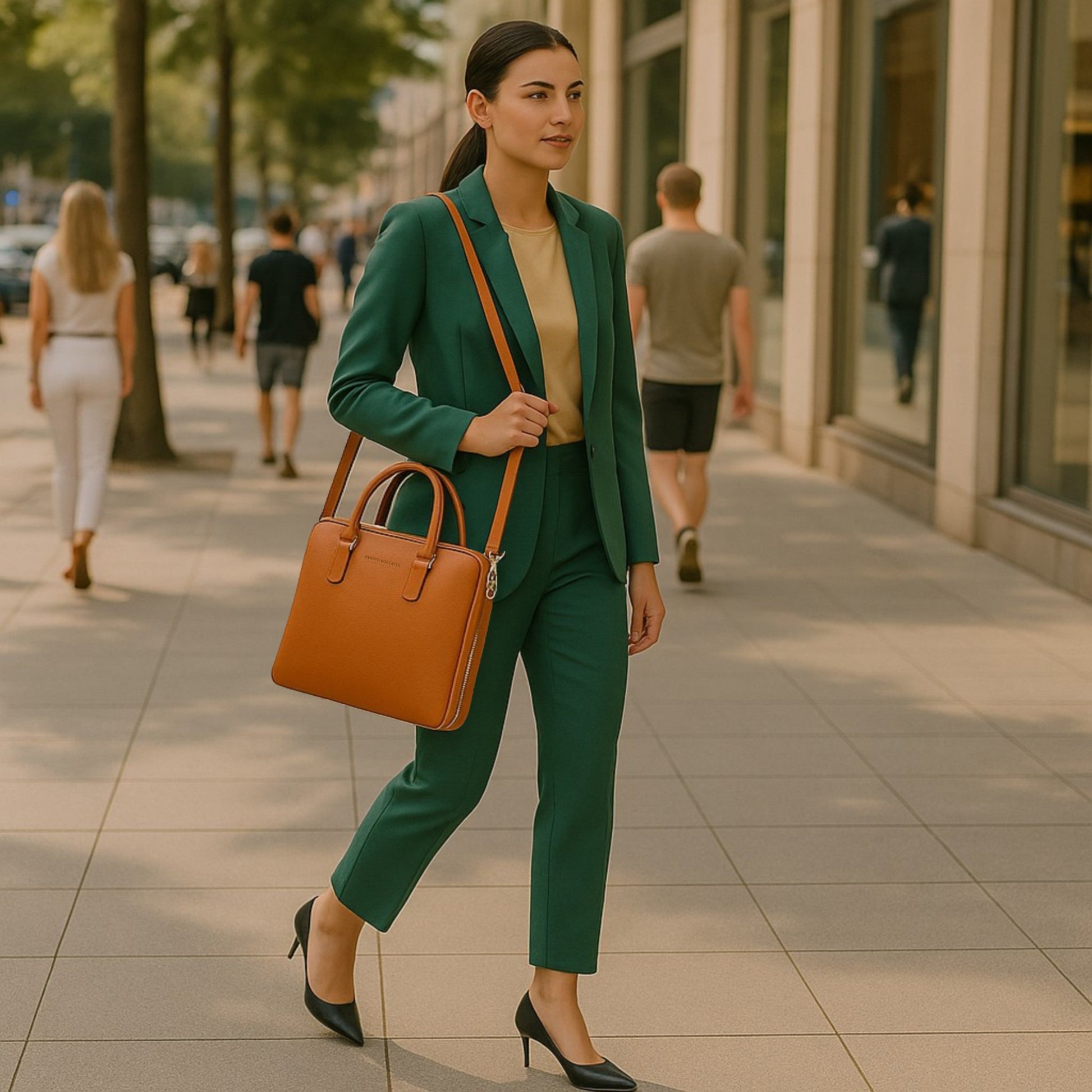 RB1019L | Cartella Business Unisex in Vera Pelle Made in Italy con tracolla removibile. Attacchi con moschettoni in metallo Nickel Lucido - Colore Arancione - Dimensioni: cm 37 x 29 x 6,5-4