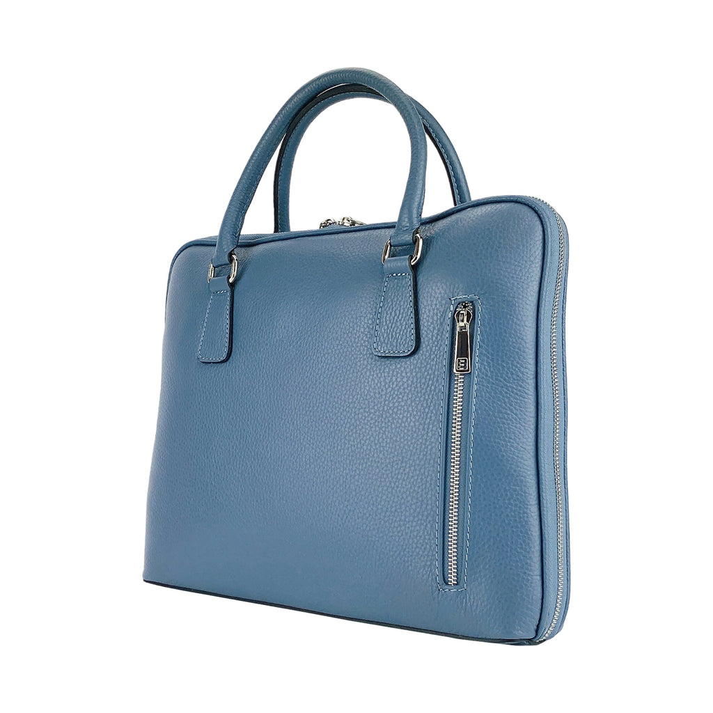 RB1019P | Cartella Business Unisex in Vera Pelle Made in Italy con tracolla removibile. Attacchi con moschettoni in metallo Nickel Lucido - Colore Avio - Dimensioni: cm 37 x 29 x 6,5-0