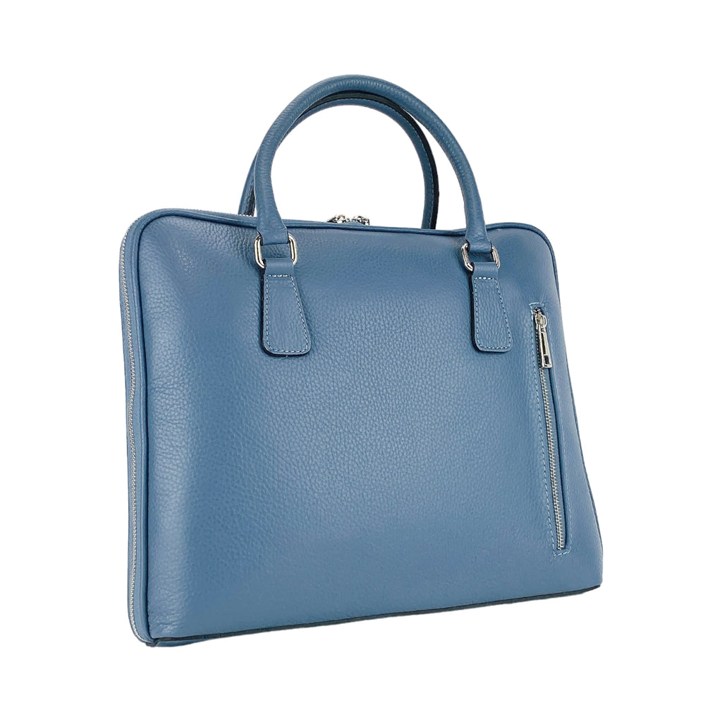 RB1019P | Cartella Business Unisex in Vera Pelle Made in Italy con tracolla removibile. Attacchi con moschettoni in metallo Nickel Lucido - Colore Avio - Dimensioni: cm 37 x 29 x 6,5-1