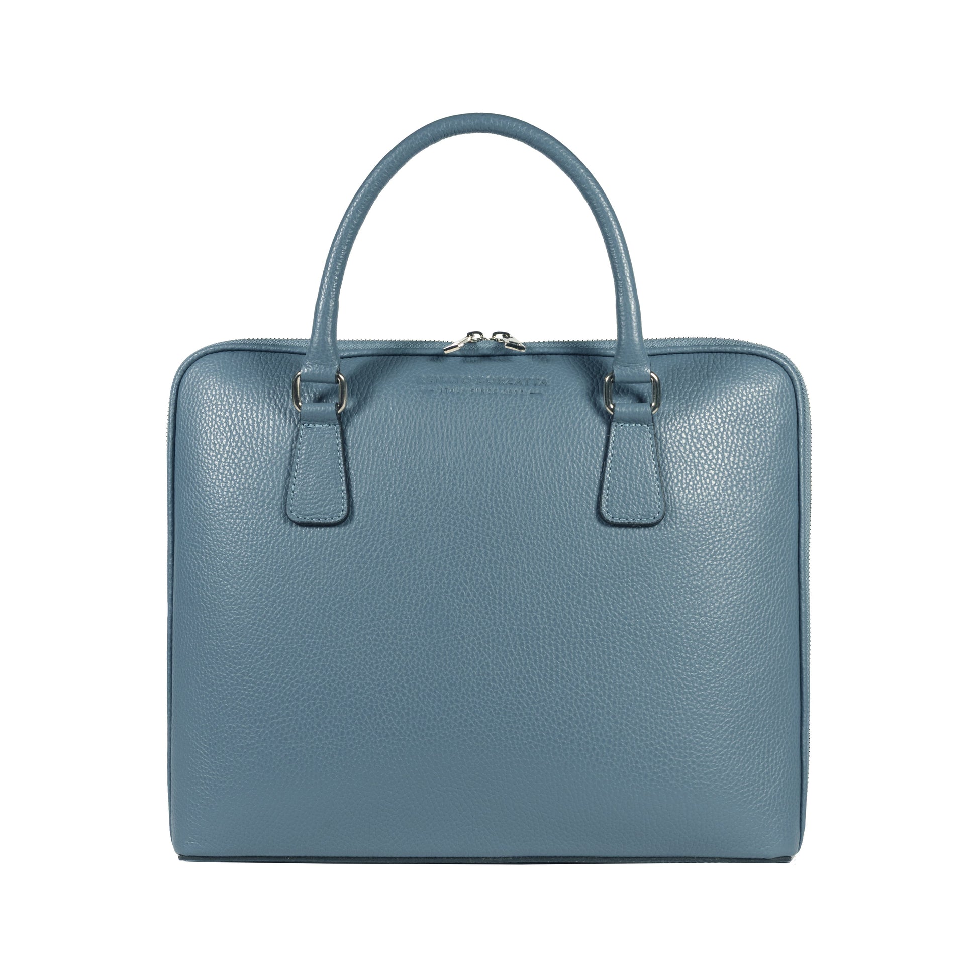 RB1019P | Cartella Business Unisex in Vera Pelle Made in Italy con tracolla removibile. Attacchi con moschettoni in metallo Nickel Lucido - Colore Avio - Dimensioni: cm 37 x 29 x 6,5-1