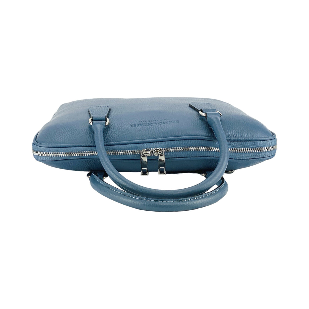 RB1019P | Cartella Business Unisex in Vera Pelle Made in Italy con tracolla removibile. Attacchi con moschettoni in metallo Nickel Lucido - Colore Avio - Dimensioni: cm 37 x 29 x 6,5-3