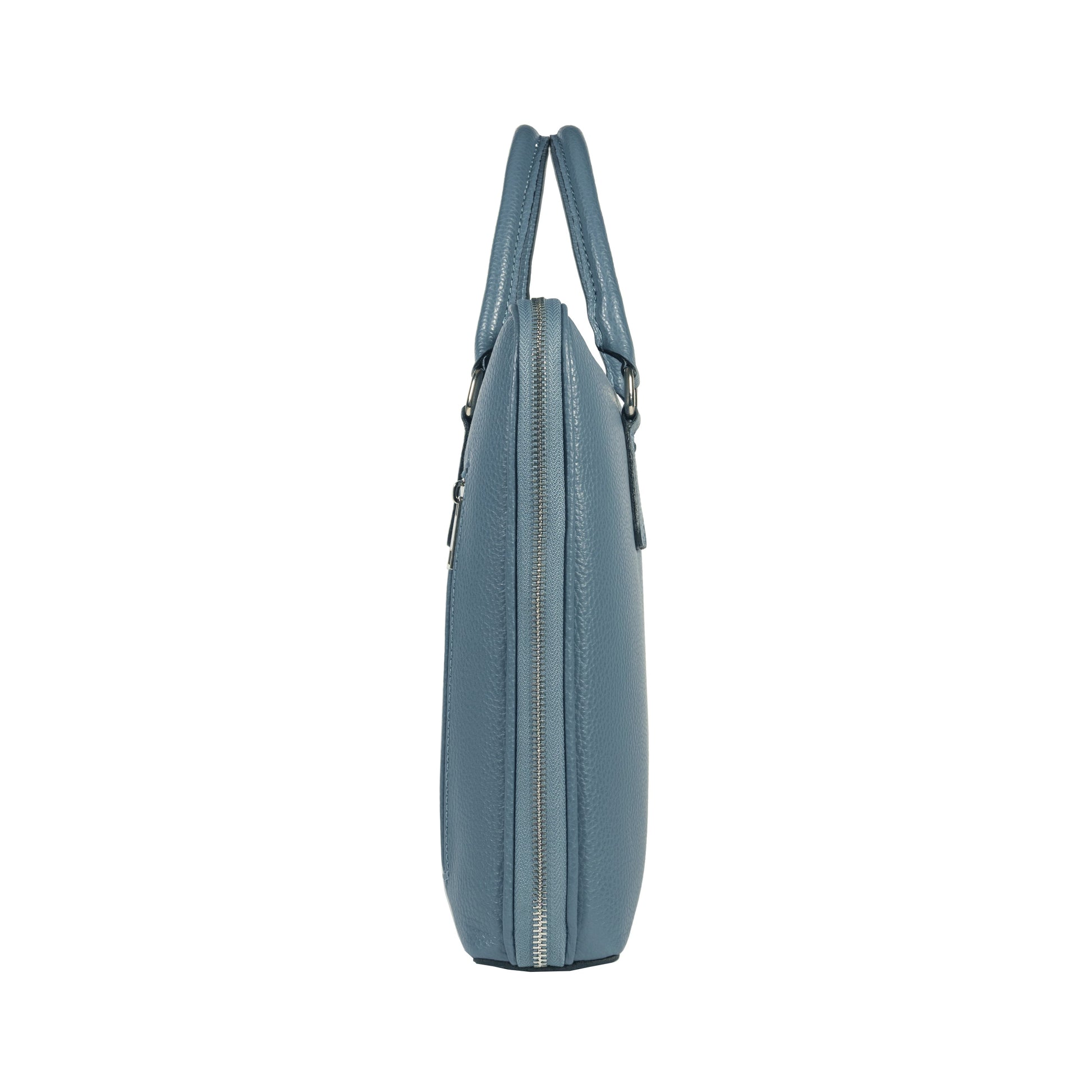 RB1019P | Cartella Business Unisex in Vera Pelle Made in Italy con tracolla removibile. Attacchi con moschettoni in metallo Nickel Lucido - Colore Avio - Dimensioni: cm 37 x 29 x 6,5-3