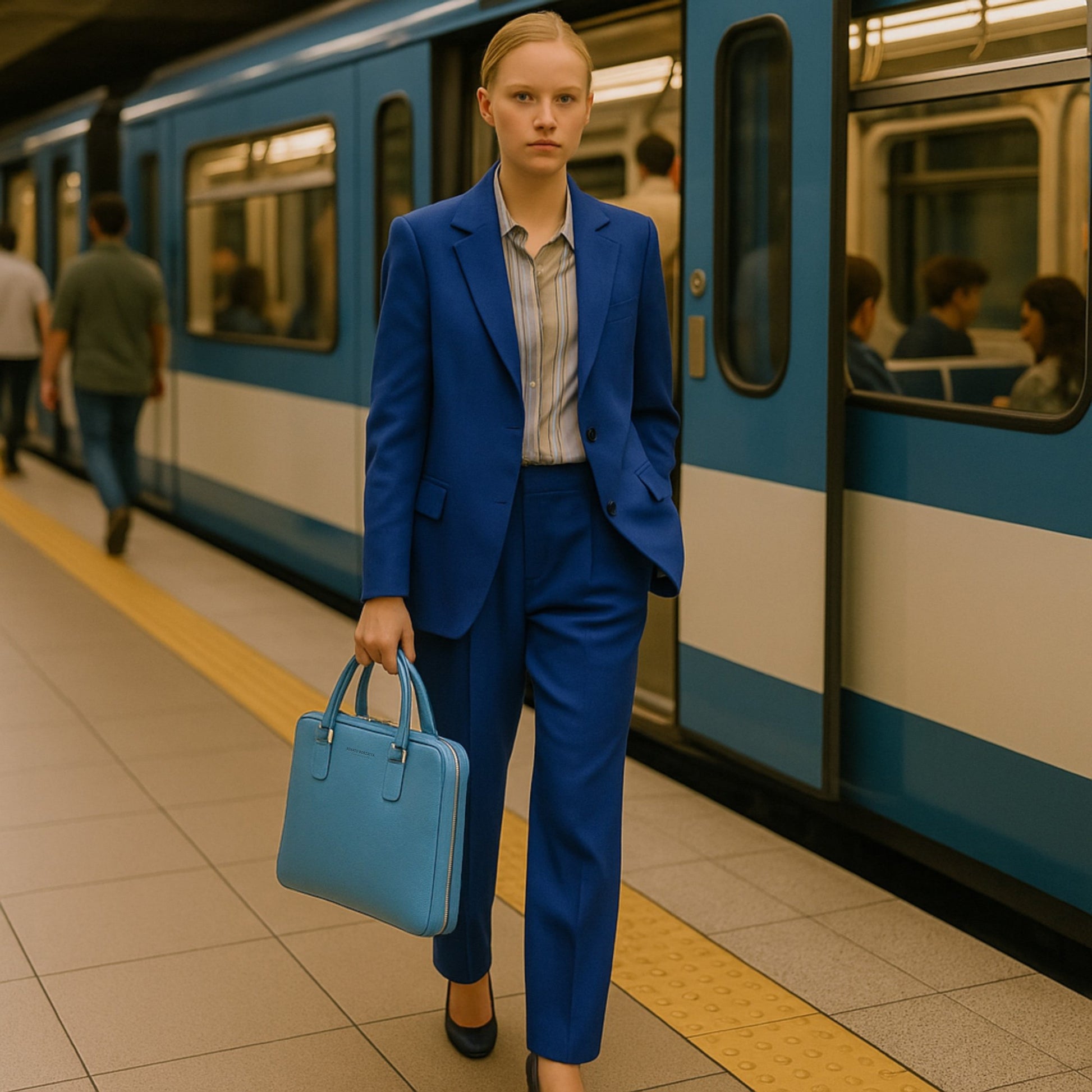 RB1019P | Made in Italy Genuine Leather Unisex Business Briefcase with removable shoulder strap. Shiny Nickel metal snap hook attachments - Avio color - Dimensions: cm 37 x 29 x 6.5-4