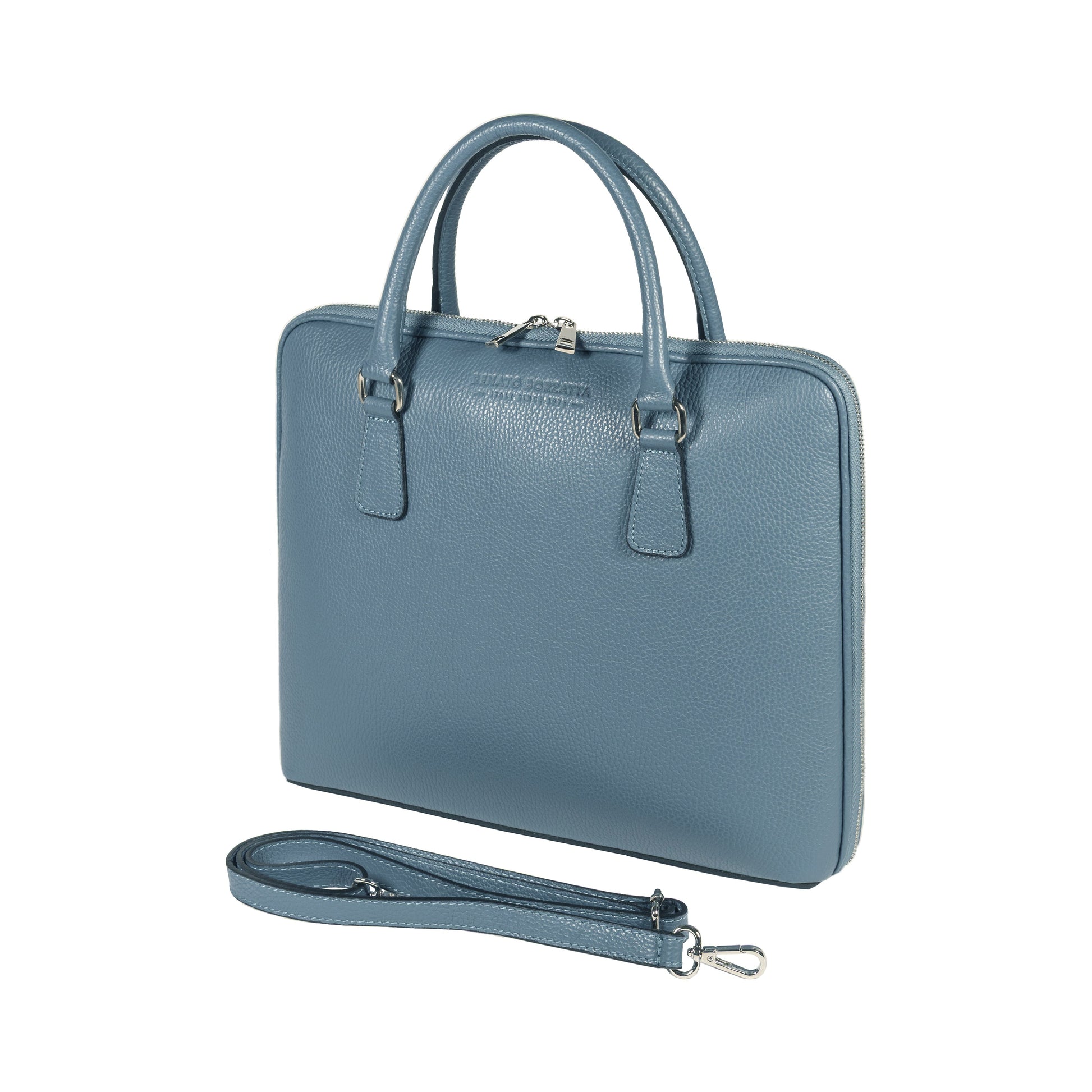 RB1019P | Cartella Business Unisex in Vera Pelle Made in Italy con tracolla removibile. Attacchi con moschettoni in metallo Nickel Lucido - Colore Avio - Dimensioni: cm 37 x 29 x 6,5-0
