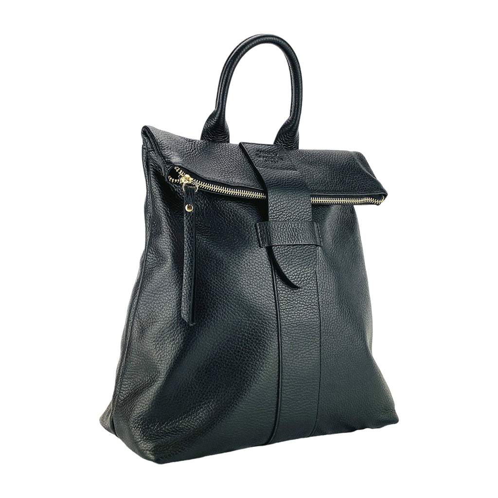 RB1021A | Zaino Donna Morbido in Vera Pelle Made in Italy con Spallacci regolabili. Chiusura lampo e Accessori in metallo Oro Lucido - Colore Nero - Dimensioni: cm 30 x 34 x 10,5-0
