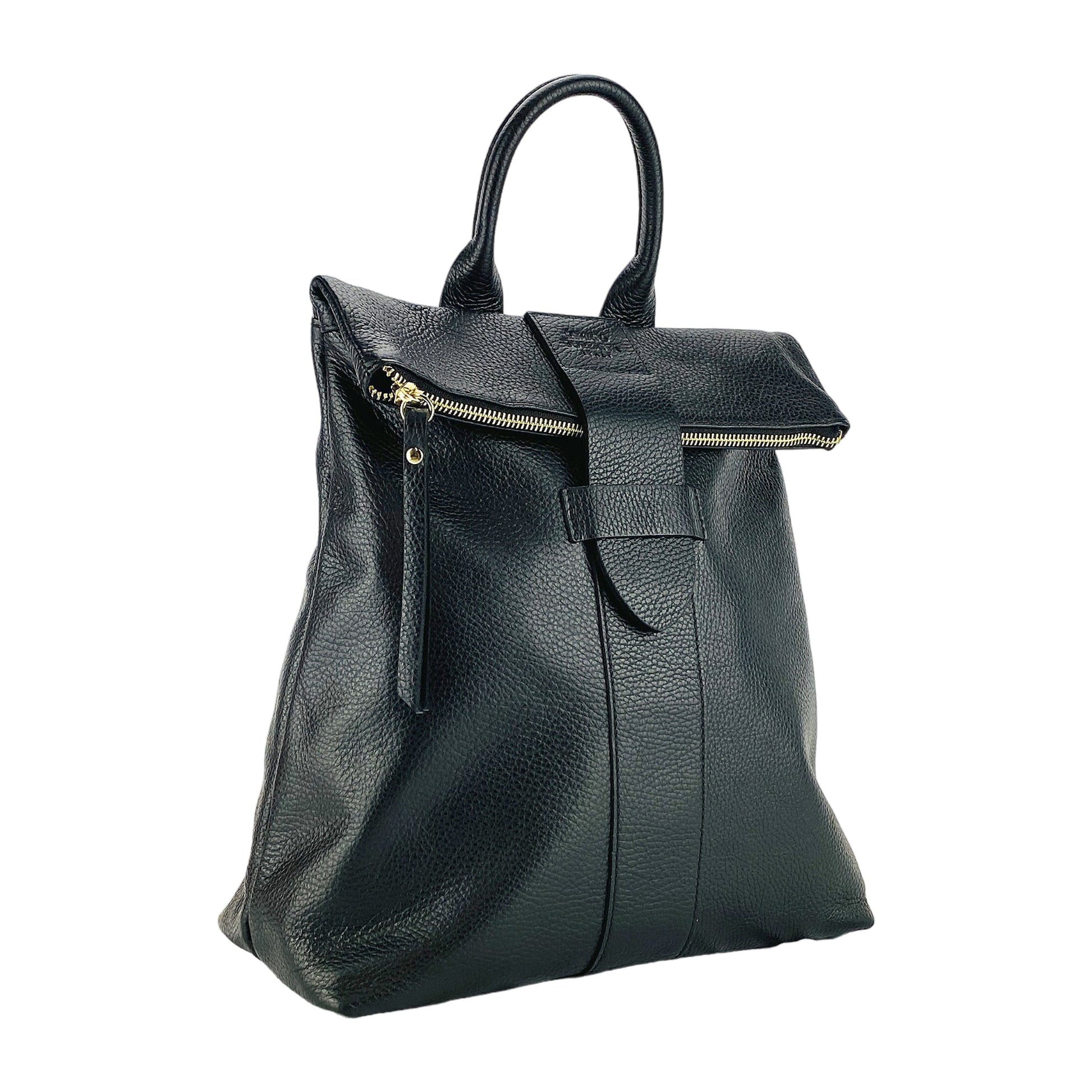 RB1021A | Zaino Donna Morbido in Vera Pelle Made in Italy con Spallacci regolabili. Chiusura lampo e Accessori in metallo Oro Lucido - Colore Nero - Dimensioni: cm 30 x 34 x 10,5-0