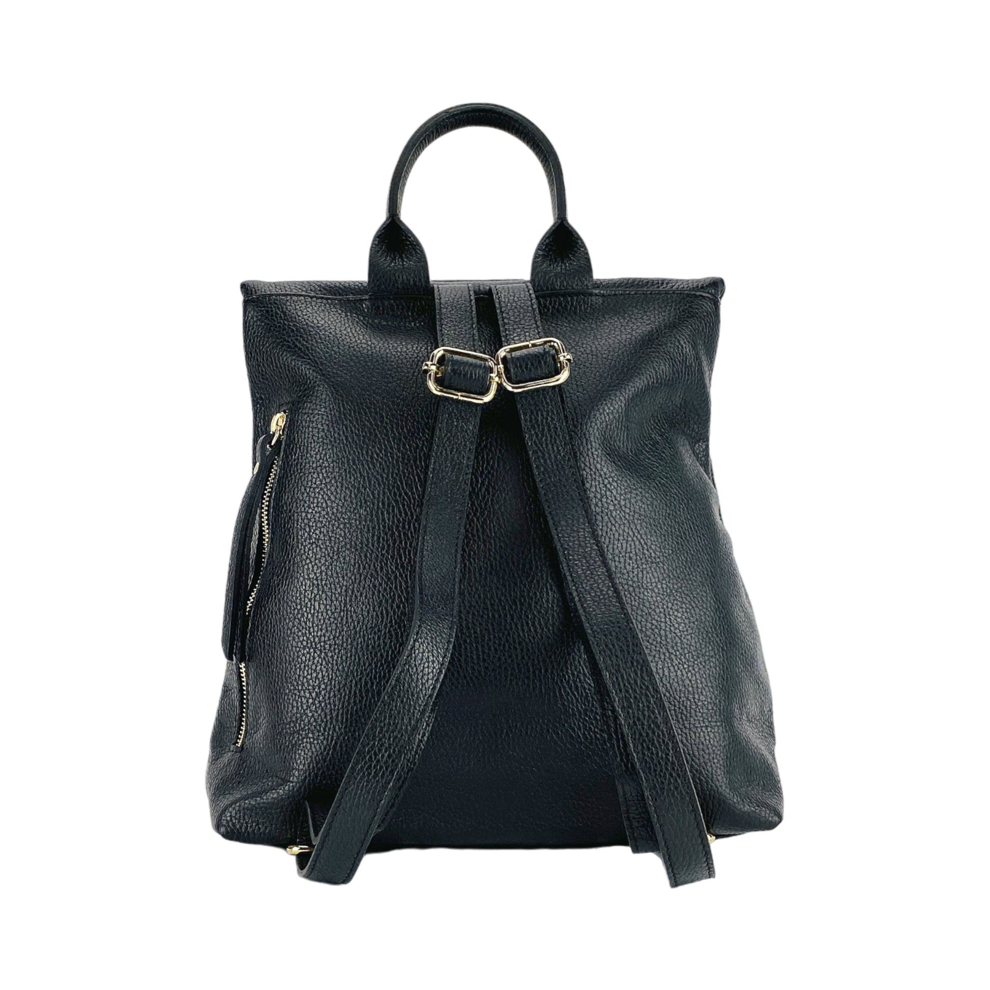 RB1021A | Zaino Donna Morbido in Vera Pelle Made in Italy con Spallacci regolabili. Chiusura lampo e Accessori in metallo Oro Lucido - Colore Nero - Dimensioni: cm 30 x 34 x 10,5-4