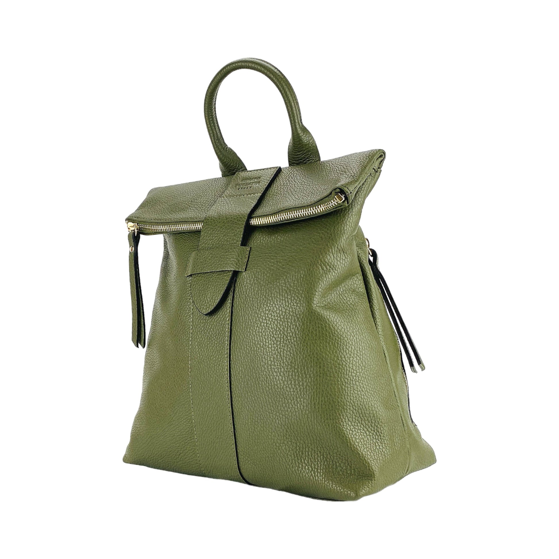 RB1021E | Women's Soft Backpack in Genuine Leather Made in Italy with Adjustable Shoulder Straps. Shiny Gold Metal Zipper and Accessories - Green Color - Size: 30 x 34 x 10.5 cm.-1