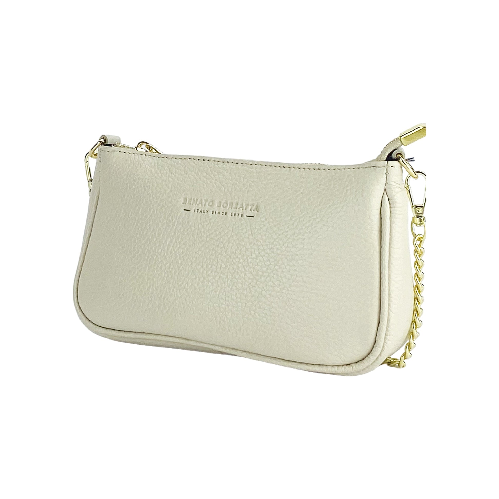 RB1022AB | Borsa Piccola in Vera Pelle Made in Italy con Tracolla a catena removibile. Chiusura con lampo e Accessori in metallo Oro Lucido - Colore Avorio - Dimensioni: cm 20 x 12 x 6-1