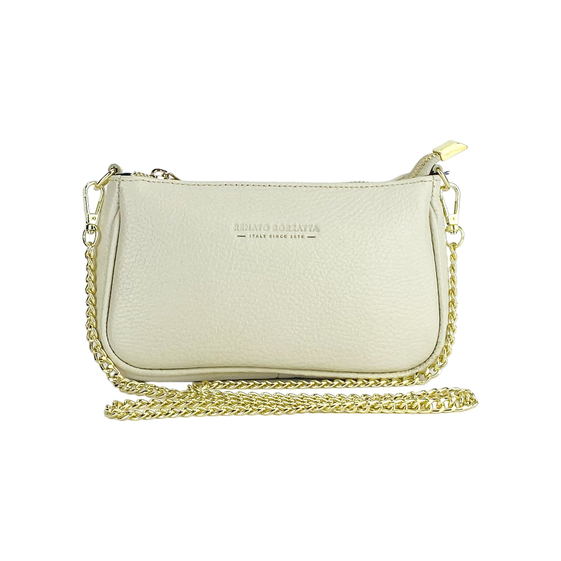 RB1022AB | Borsa Piccola in Vera Pelle Made in Italy con Tracolla a catena removibile. Chiusura con lampo e Accessori in metallo Oro Lucido - Colore Avorio - Dimensioni: cm 20 x 12 x 6-2