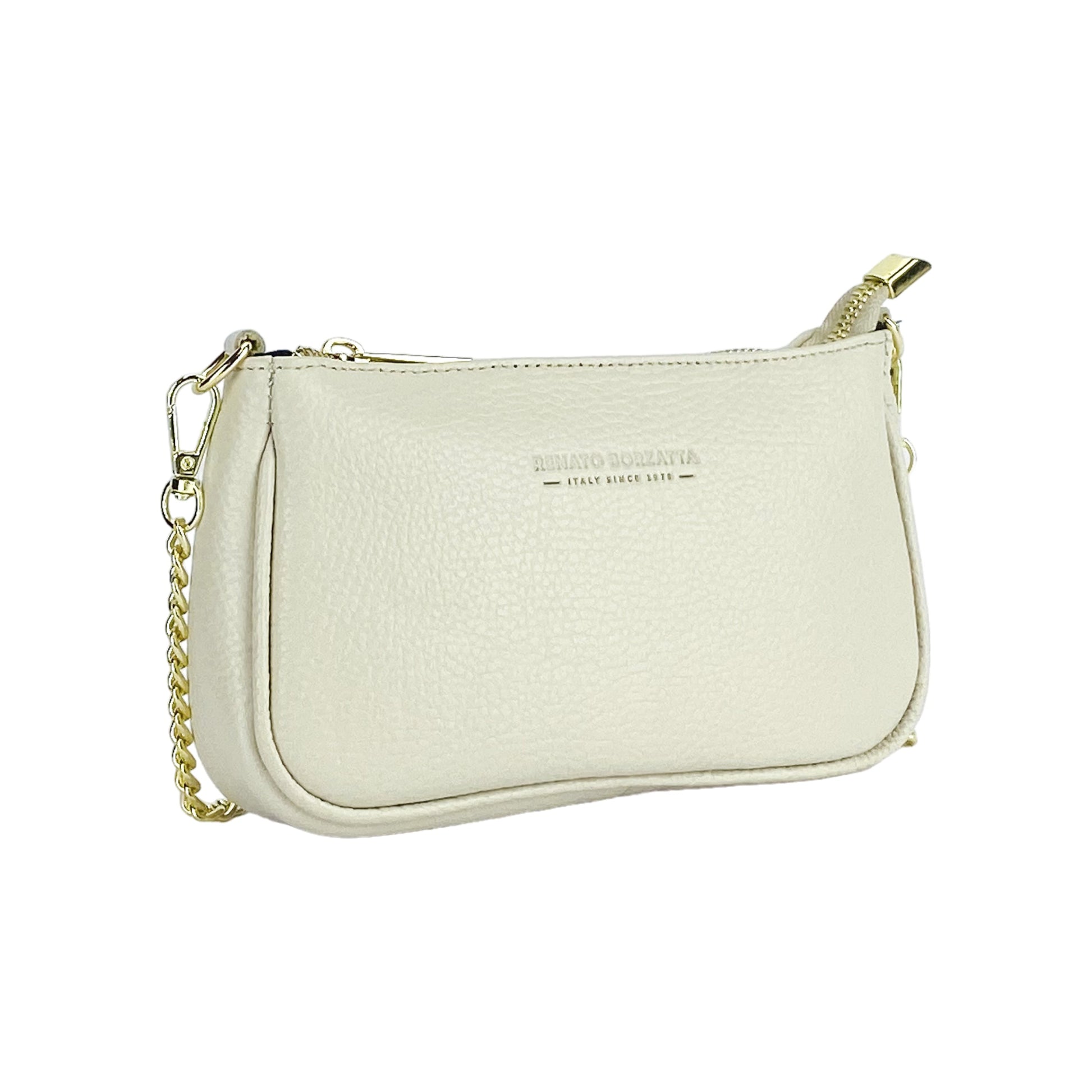 RB1022AB | Borsa Piccola in Vera Pelle Made in Italy con Tracolla a catena removibile. Chiusura con lampo e Accessori in metallo Oro Lucido - Colore Avorio - Dimensioni: cm 20 x 12 x 6-3