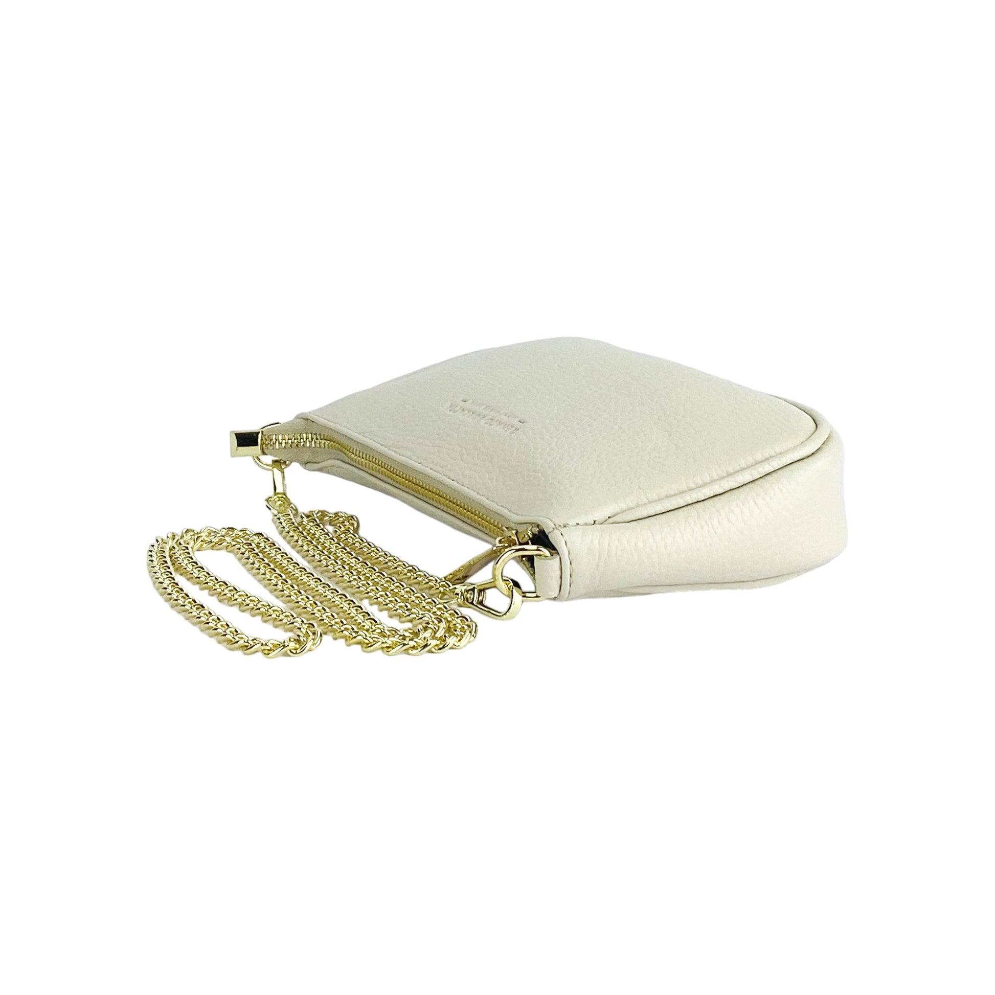 RB1022AB | Borsa Piccola in Vera Pelle Made in Italy con Tracolla a catena removibile. Chiusura con lampo e Accessori in metallo Oro Lucido - Colore Avorio - Dimensioni: cm 20 x 12 x 6-4