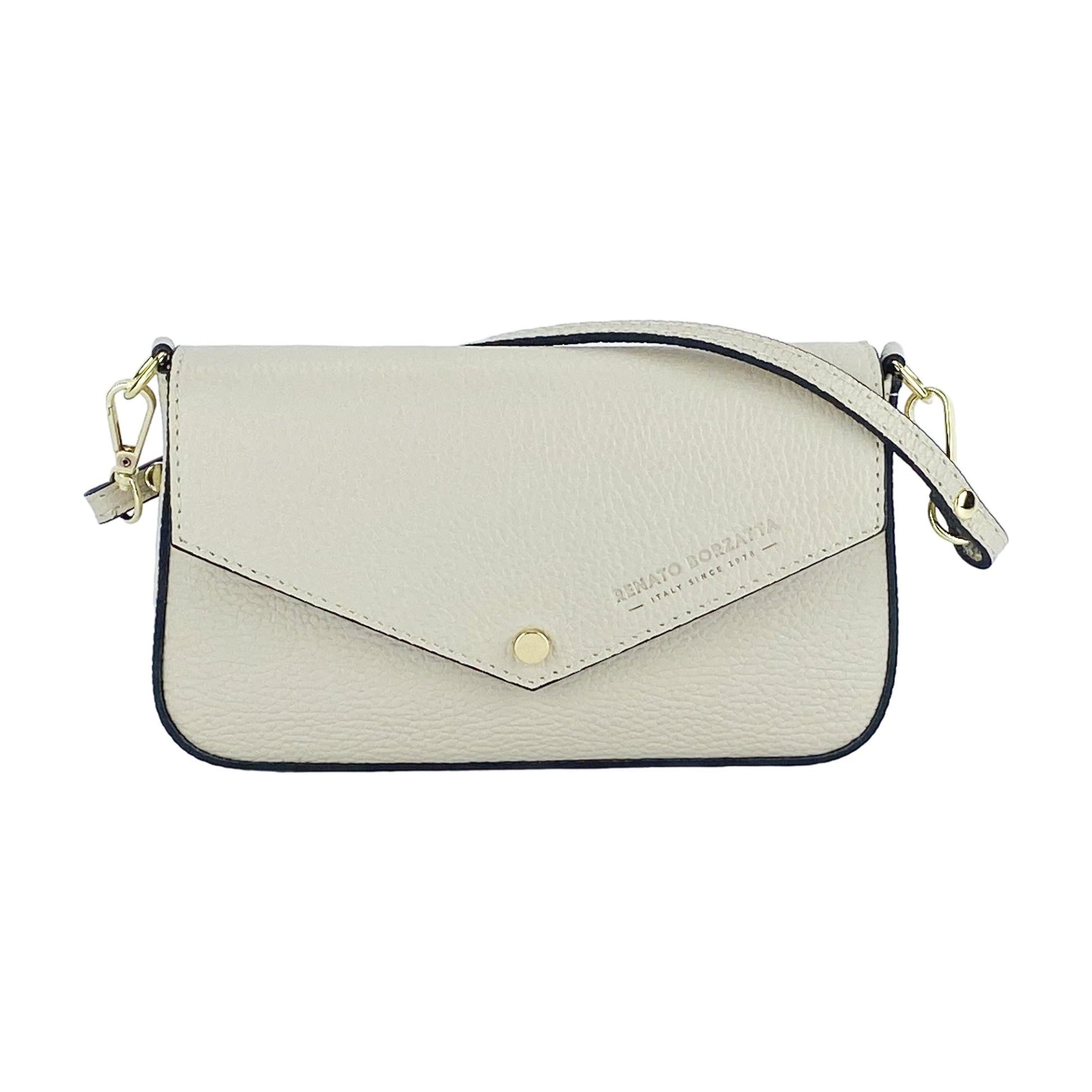 RB1023AB | Borsa piccola a Spalla con Tracolla a catena removibile in Vera Pelle Made in Italy. Pattina di Chiusura. Accessori in metallo Oro Lucido - Colore Avorio - Dimensioni: cm 22 x 12 x 3-1