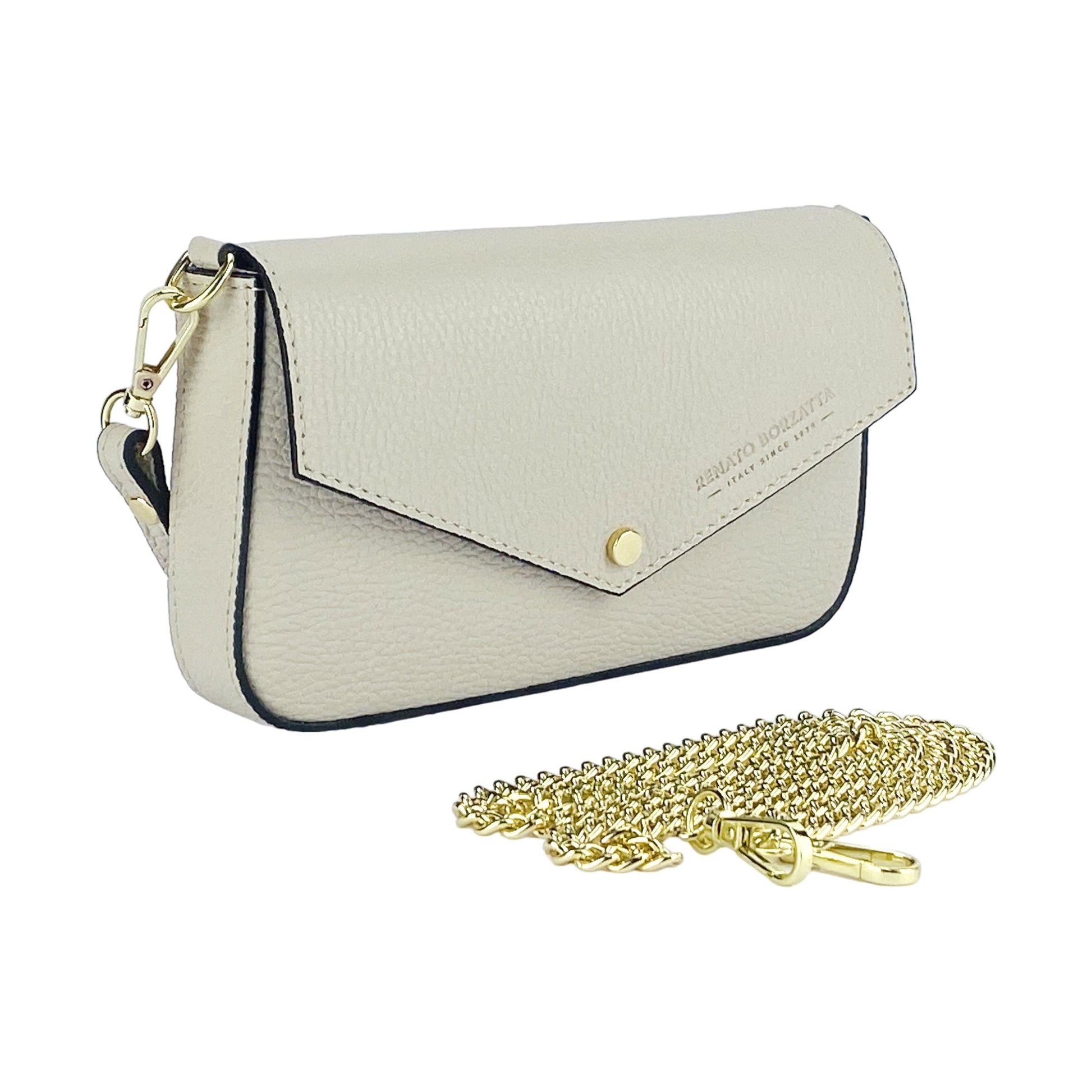 RB1023AB | Borsa piccola a Spalla con Tracolla a catena removibile in Vera Pelle Made in Italy. Pattina di Chiusura. Accessori in metallo Oro Lucido - Colore Avorio - Dimensioni: cm 22 x 12 x 3-2