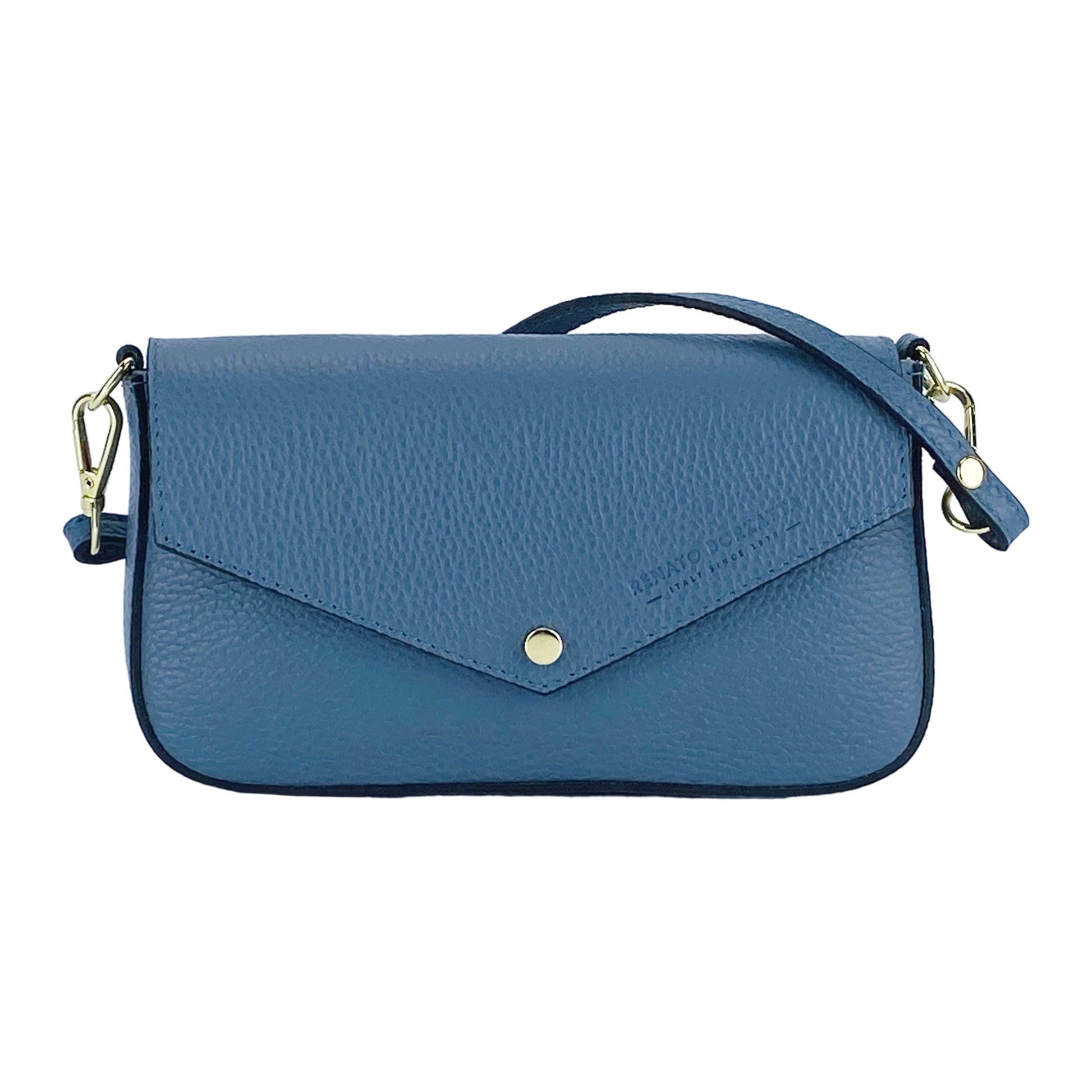 RB1023P | Borsa piccola a Spalla con Tracolla a catena removibile in Vera Pelle Made in Italy. Pattina di Chiusura. Accessori in metallo Oro Lucido - Colore Avio - Dimensioni: cm 22 x 12 x 3-1