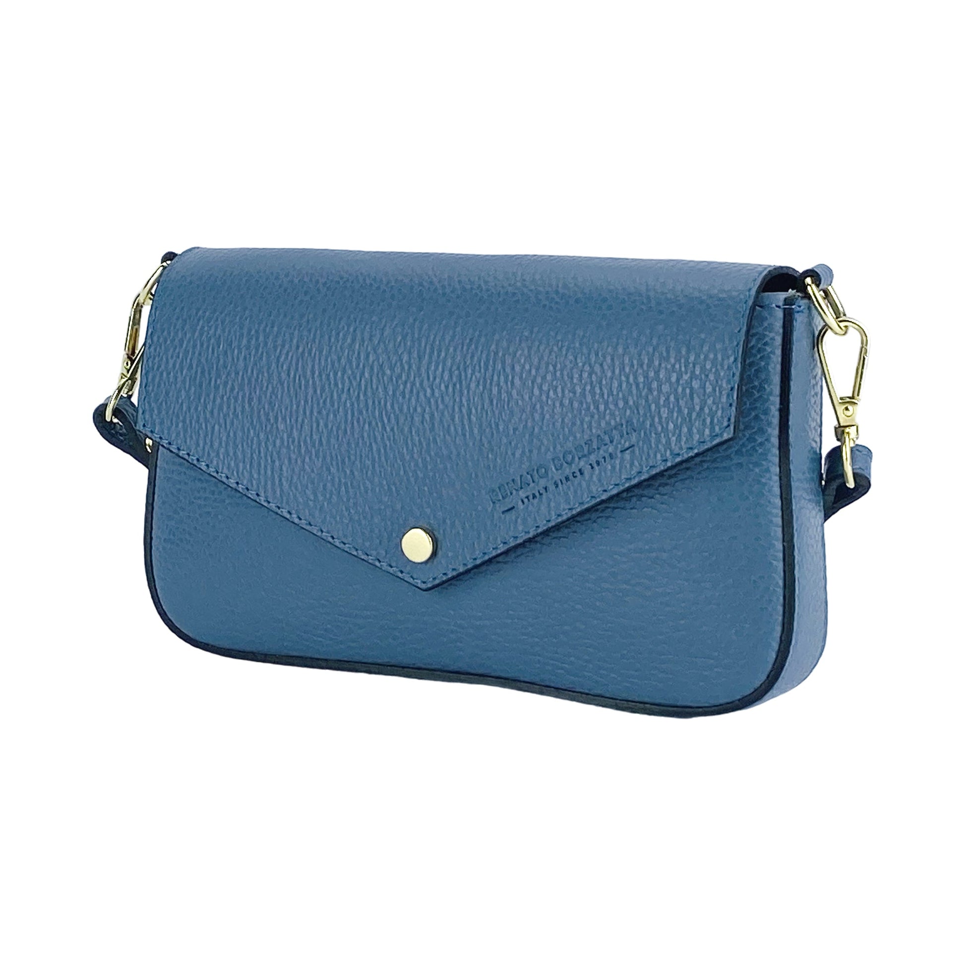 RB1023P | Borsa piccola a Spalla con Tracolla a catena removibile in Vera Pelle Made in Italy. Pattina di Chiusura. Accessori in metallo Oro Lucido - Colore Avio - Dimensioni: cm 22 x 12 x 3-0