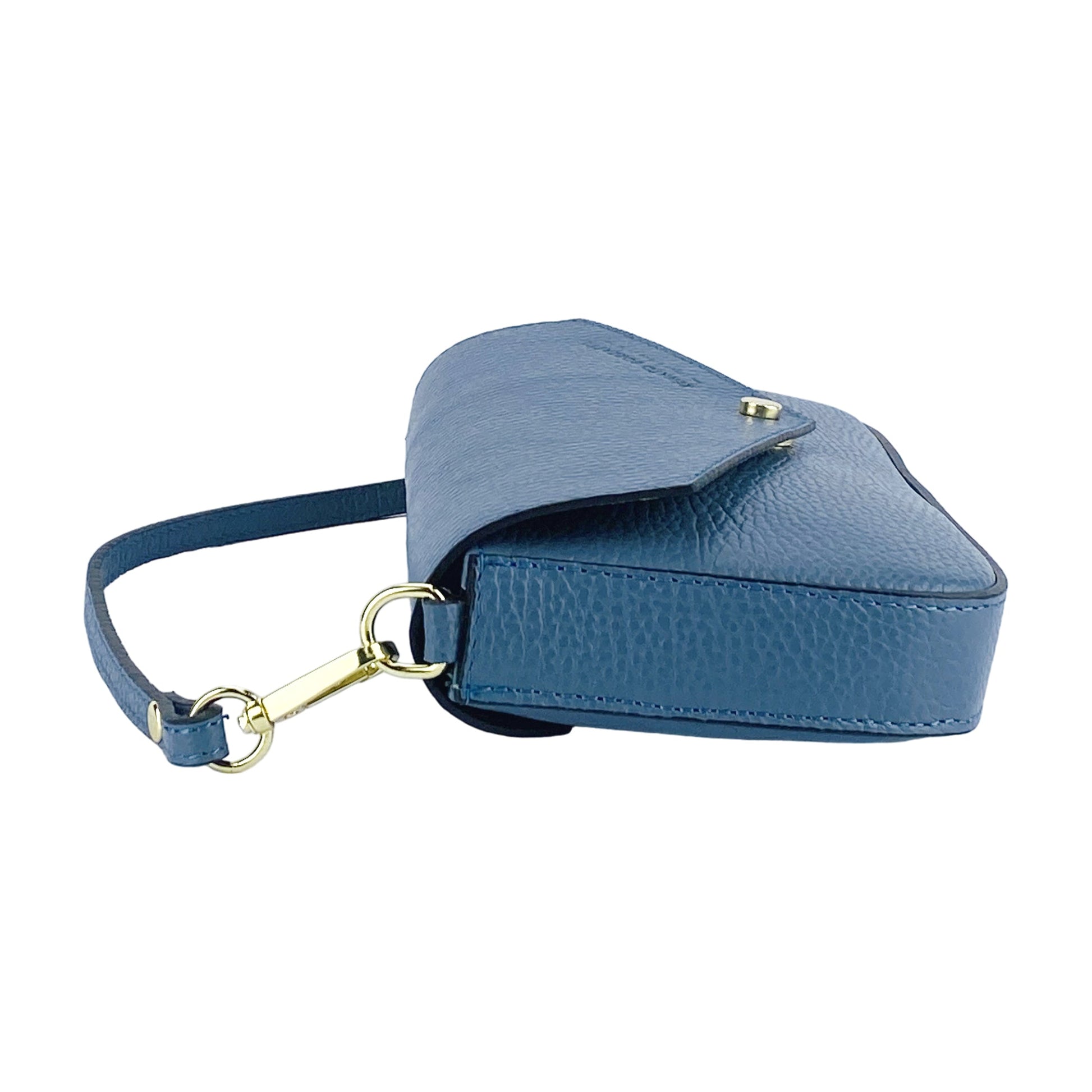 RB1023P | Borsa piccola a Spalla con Tracolla a catena removibile in Vera Pelle Made in Italy. Pattina di Chiusura. Accessori in metallo Oro Lucido - Colore Avio - Dimensioni: cm 22 x 12 x 3-3