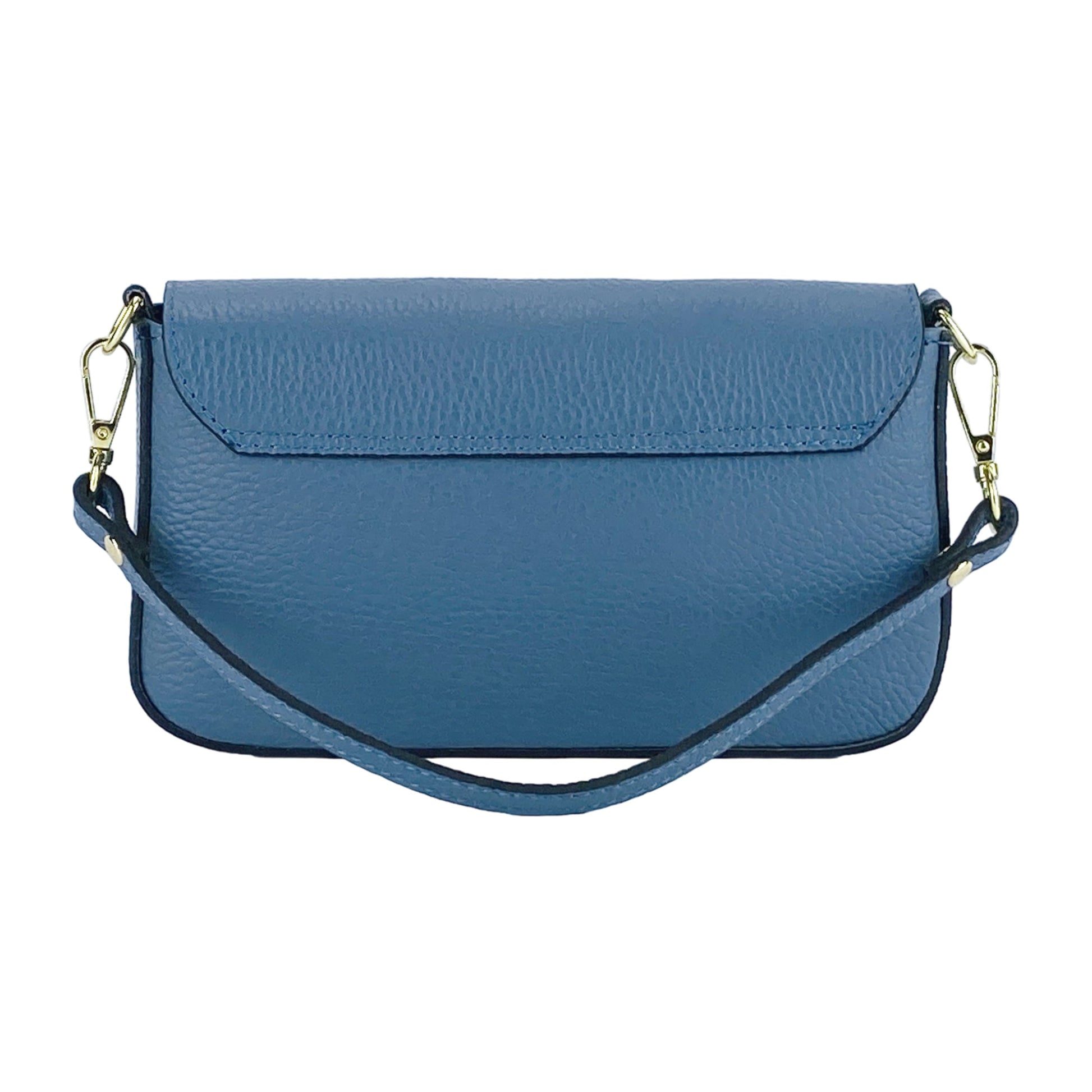 RB1023P | Borsa piccola a Spalla con Tracolla a catena removibile in Vera Pelle Made in Italy. Pattina di Chiusura. Accessori in metallo Oro Lucido - Colore Avio - Dimensioni: cm 22 x 12 x 3-4