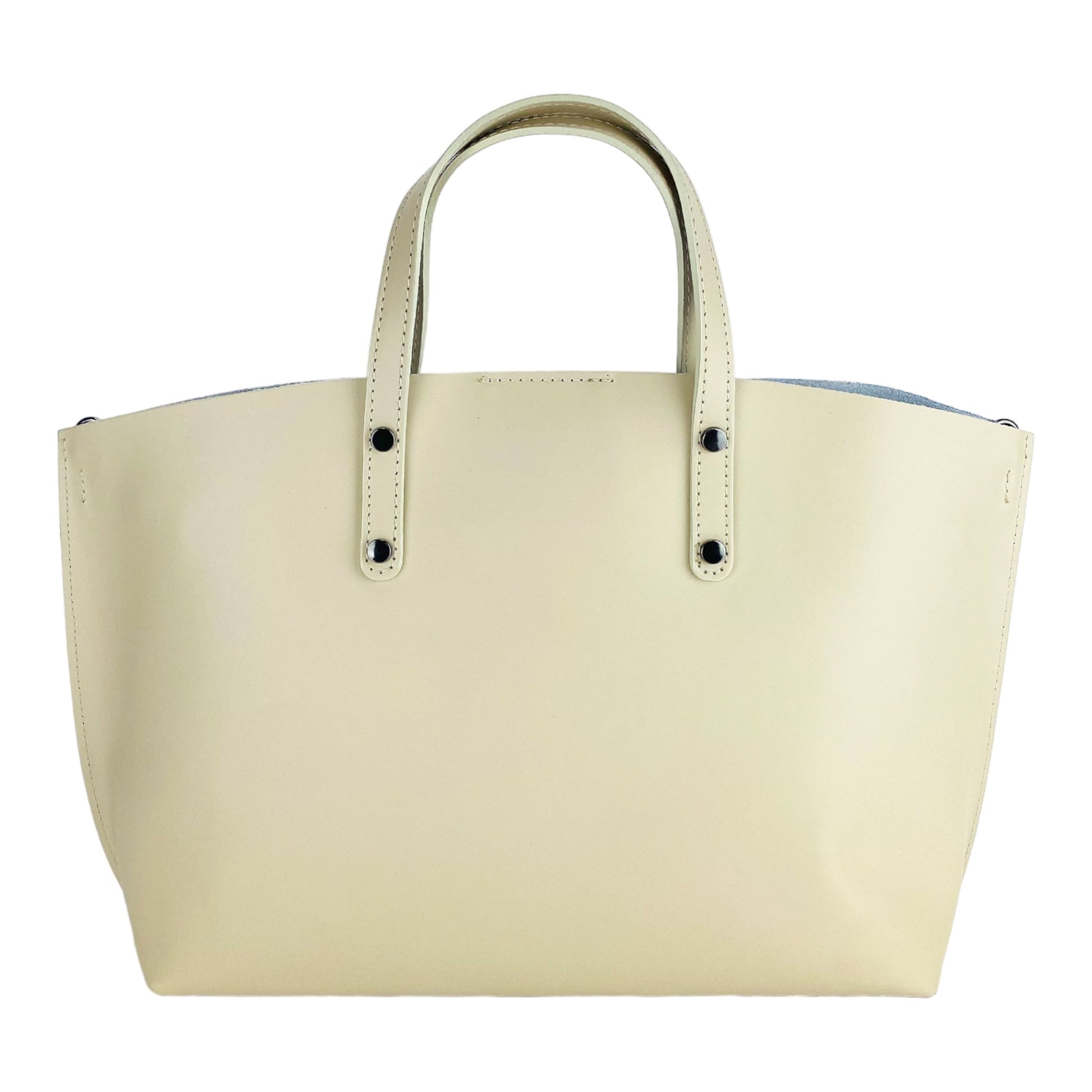 RB1024AL  | Borsa Donna a Mano in Vera Pelle Made in Italy con tracolla removibile. Sacca grande interna estraibile. Accessori Canna di Fucile Lucido - Colore Beige - Dimensioni: cm 48x31x11-4