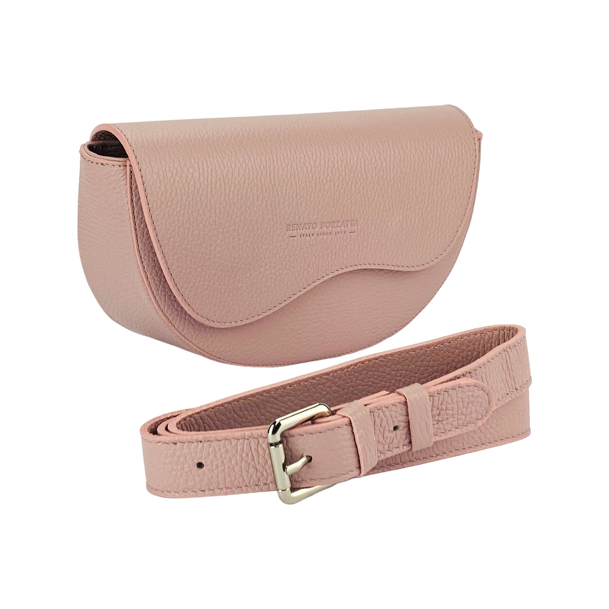 RB1027AZ | Women's Rounded Bandolier Bag in Genuine Leather Made in Italy. Removable and adjustable leather shoulder strap. Polished Nickel hardware - Antique Pink color - Dimensions: 25 x 15 x 9 cm.-0