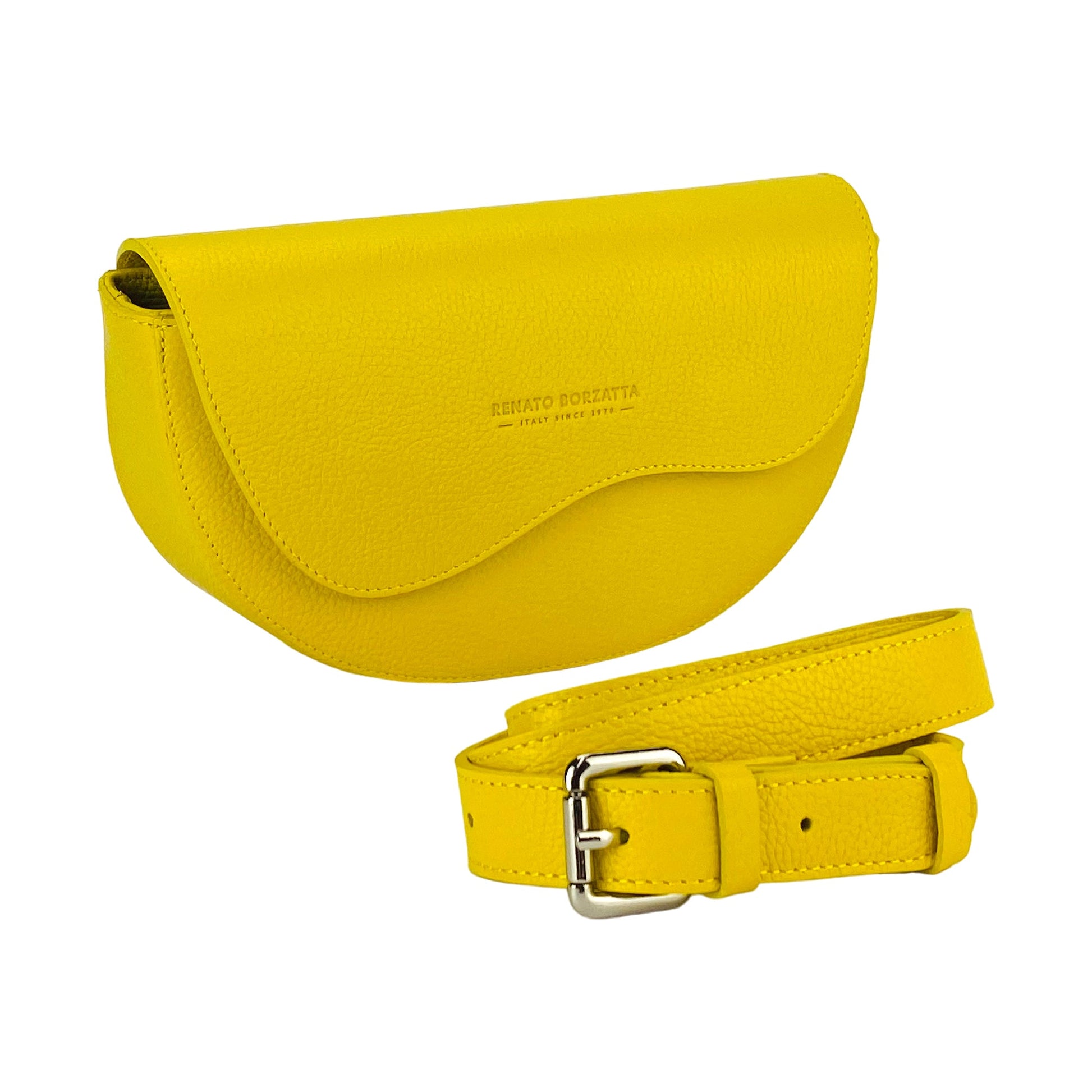 RB1027R | Women's Rounded Bandolier Bag in Genuine Leather Made in Italy. Removable and adjustable leather shoulder strap. Polished Nickel hardware - Yellow color - Dimensions: 25 x 15 x 9 cm.-0