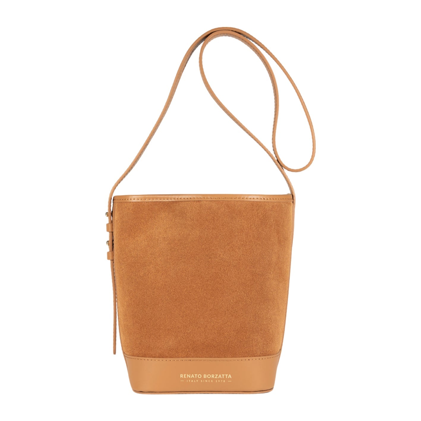 RB1031CQ  | Borsa Donna a Secchiello BRENDA in Vera Pelle Made in Italy. Accessori in metallo Oro Lucido - Colore Cuoio - Dimensioni: cm 25 x 23,5 x 17-0