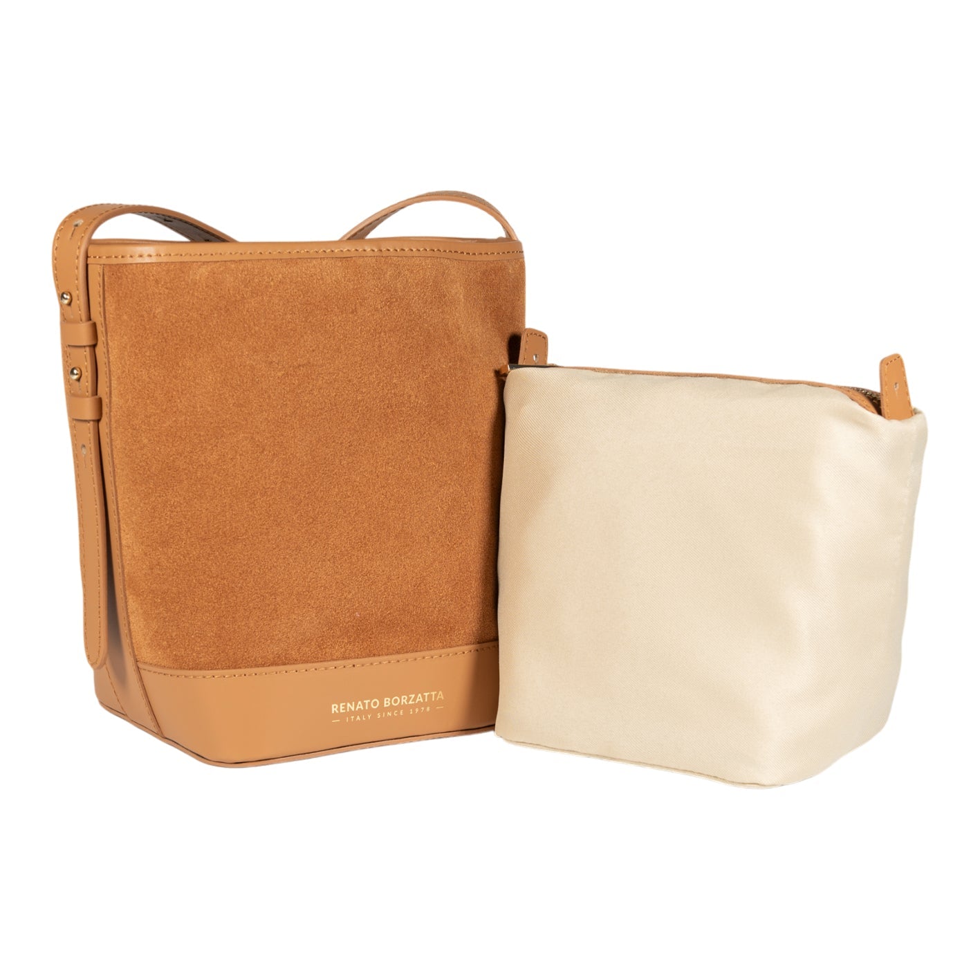 RB1031CQ  | Borsa Donna a Secchiello BRENDA in Vera Pelle Made in Italy. Accessori in metallo Oro Lucido - Colore Cuoio - Dimensioni: cm 25 x 23,5 x 17-1