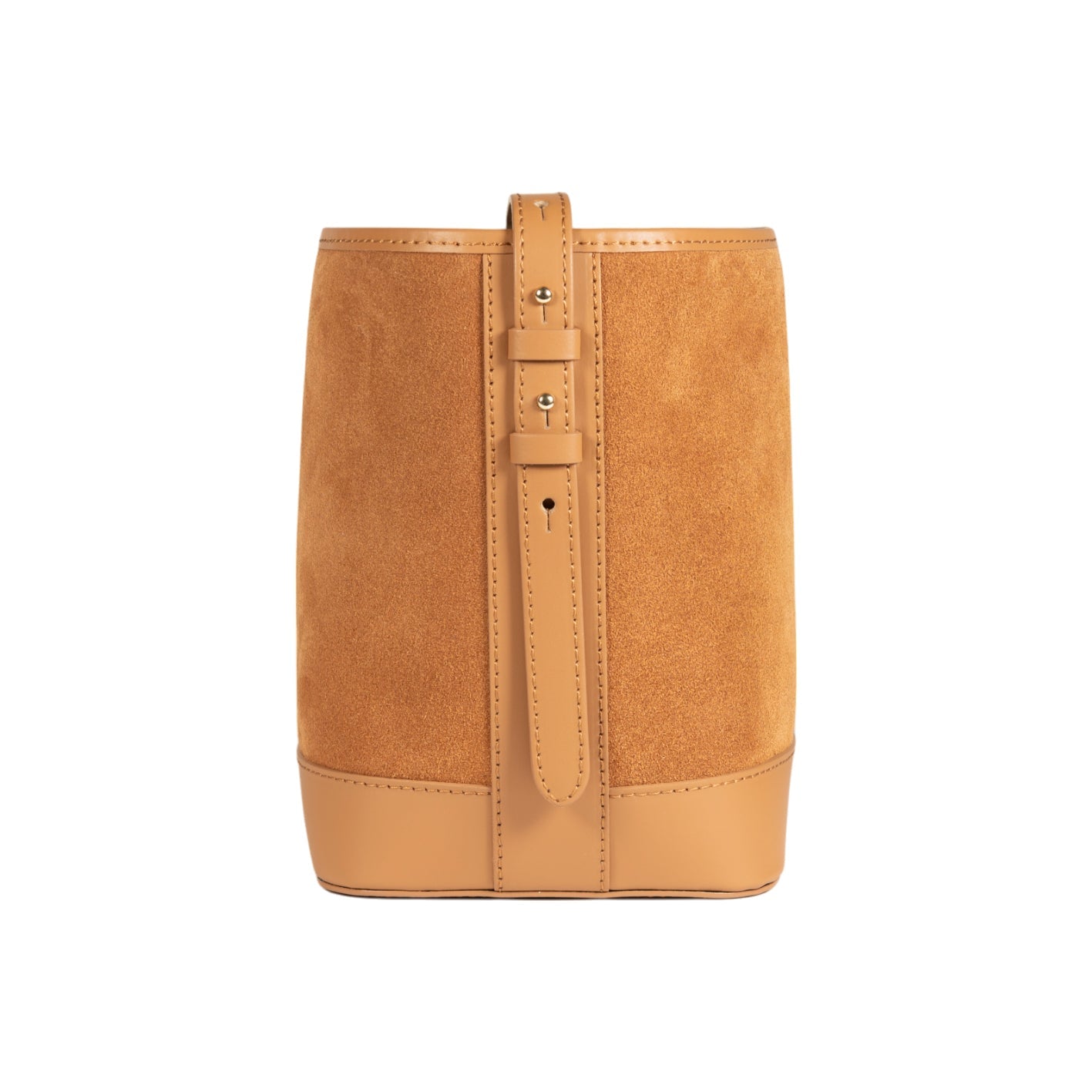 RB1031CQ  | Borsa Donna a Secchiello BRENDA in Vera Pelle Made in Italy. Accessori in metallo Oro Lucido - Colore Cuoio - Dimensioni: cm 25 x 23,5 x 17-2