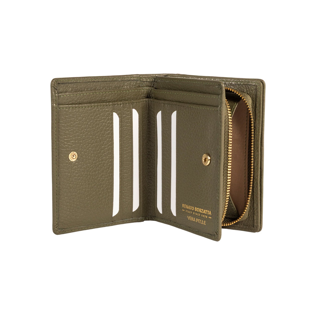 RB1080GAG | Women's Wallet Made in Italy in Genuine Dollar Grain Leather. Olive Green Color. Dimensions (closed): 13 x 9 x 2.5 cm-1