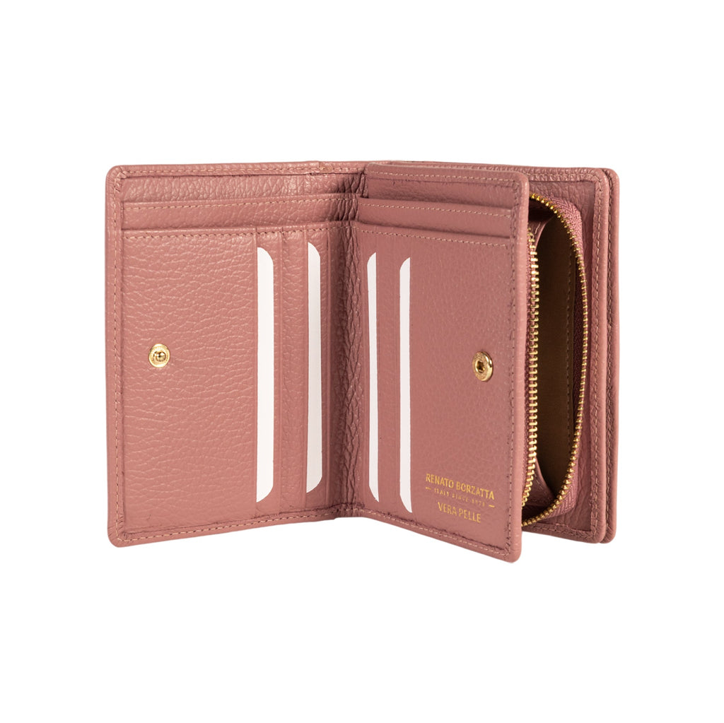RB1080GAZ | Women's Wallet Made in Italy in Genuine Dollar Grain Leather. Antique Pink Color. Dimensions (closed): 13 x 9 x 2.5 cm-1