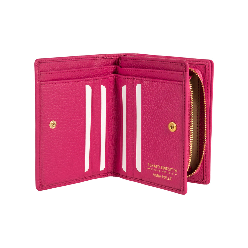 RB1080GBE | Women's Wallet Made in Italy in Genuine Dollar Grain Leather. Fuchsia Color. Dimensions (closed): 13 x 9 x 2.5 cm-1