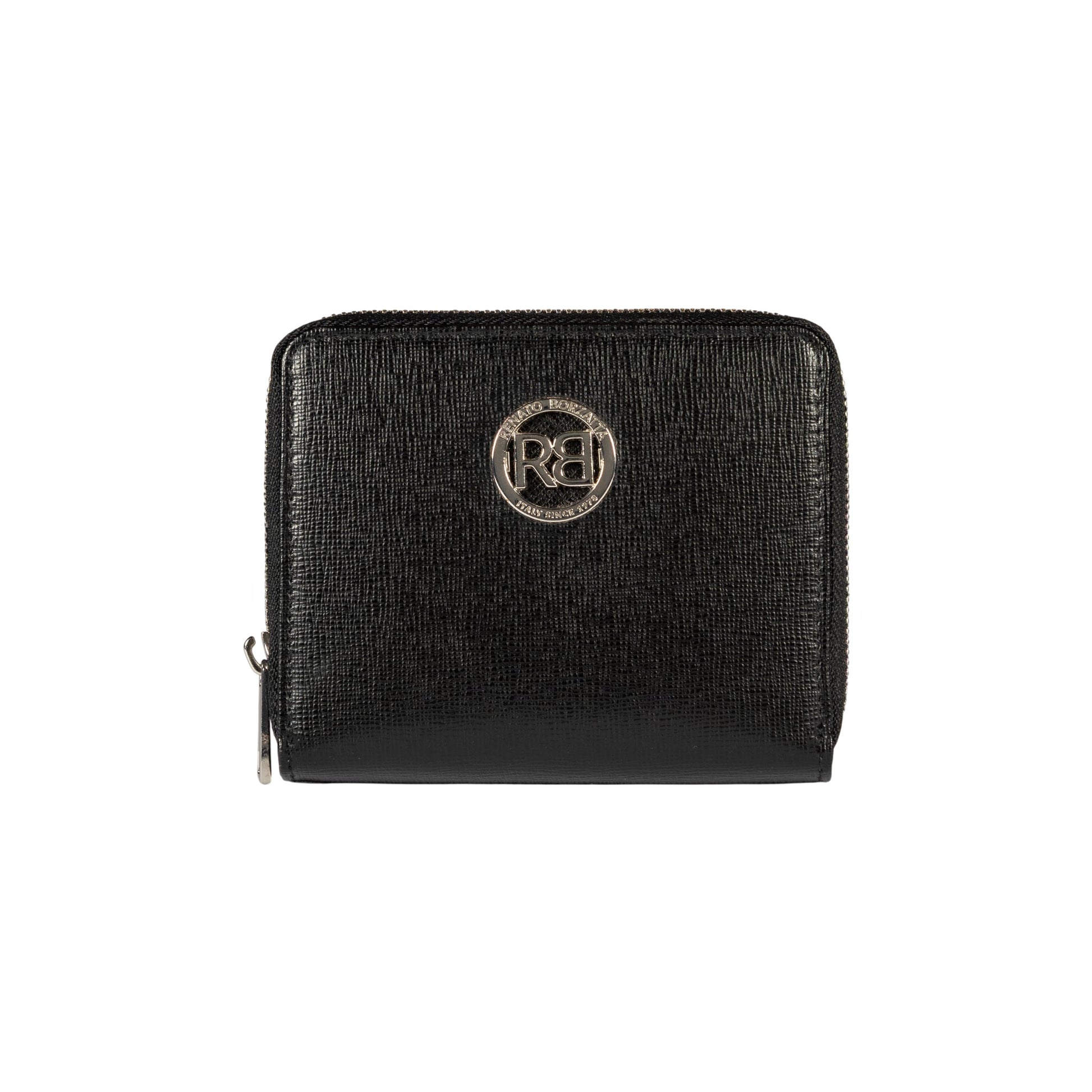 RB1086A | Women's Zip Around Wallet Made in Italy in Genuine Saffiano Leather. Polished Silver Metal Hardware. Black Color. Dimensions (closed): 10 x 12 x 2 cm-0