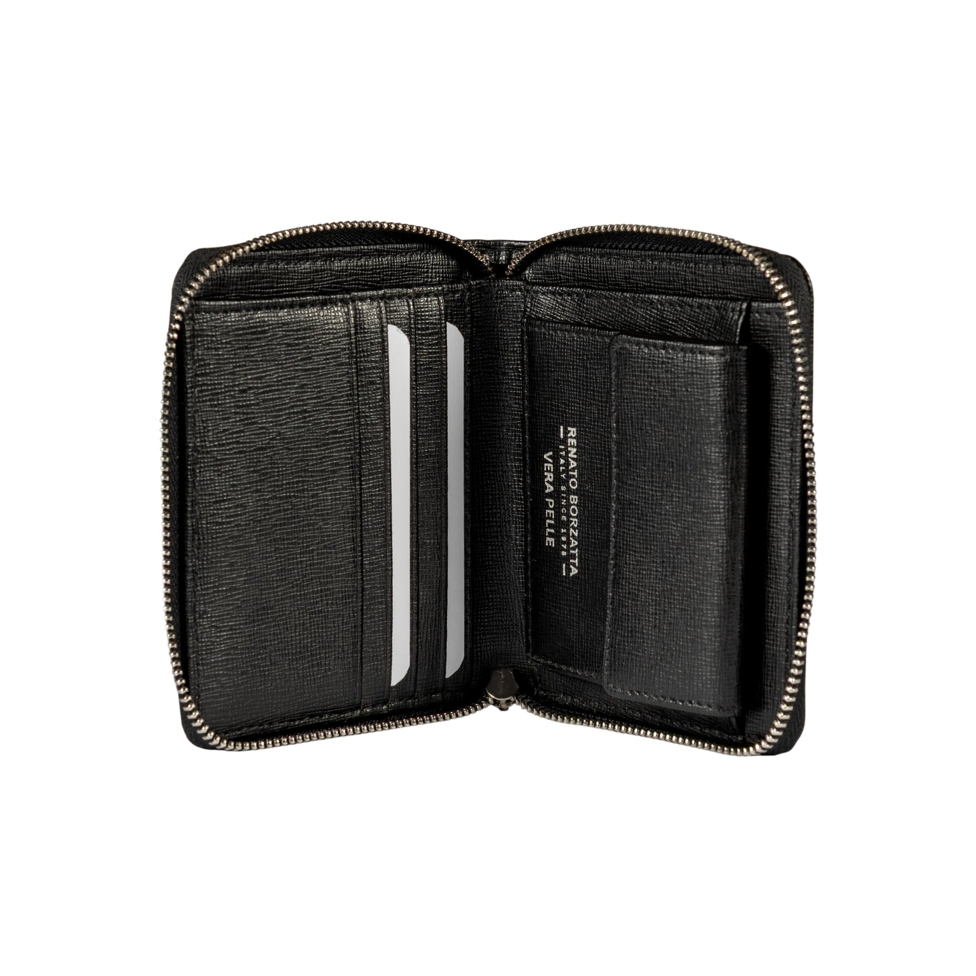 RB1086A | Women's Zip Around Wallet Made in Italy in Genuine Saffiano Leather. Polished Silver Metal Hardware. Black Color. Dimensions (closed): 10 x 12 x 2 cm-1